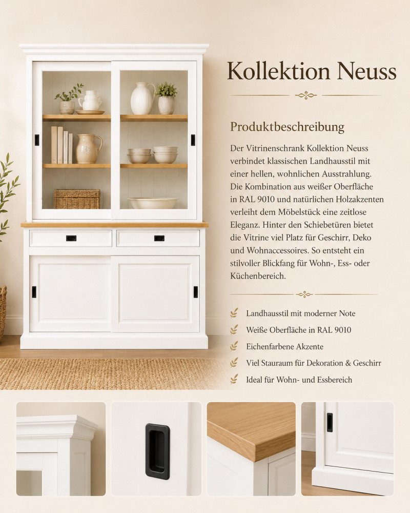 Wohnpalast Vitrine Vitrinen Schrank Neuss 150cm weiß/eiche - Buffet Schrank mit Schiebetü