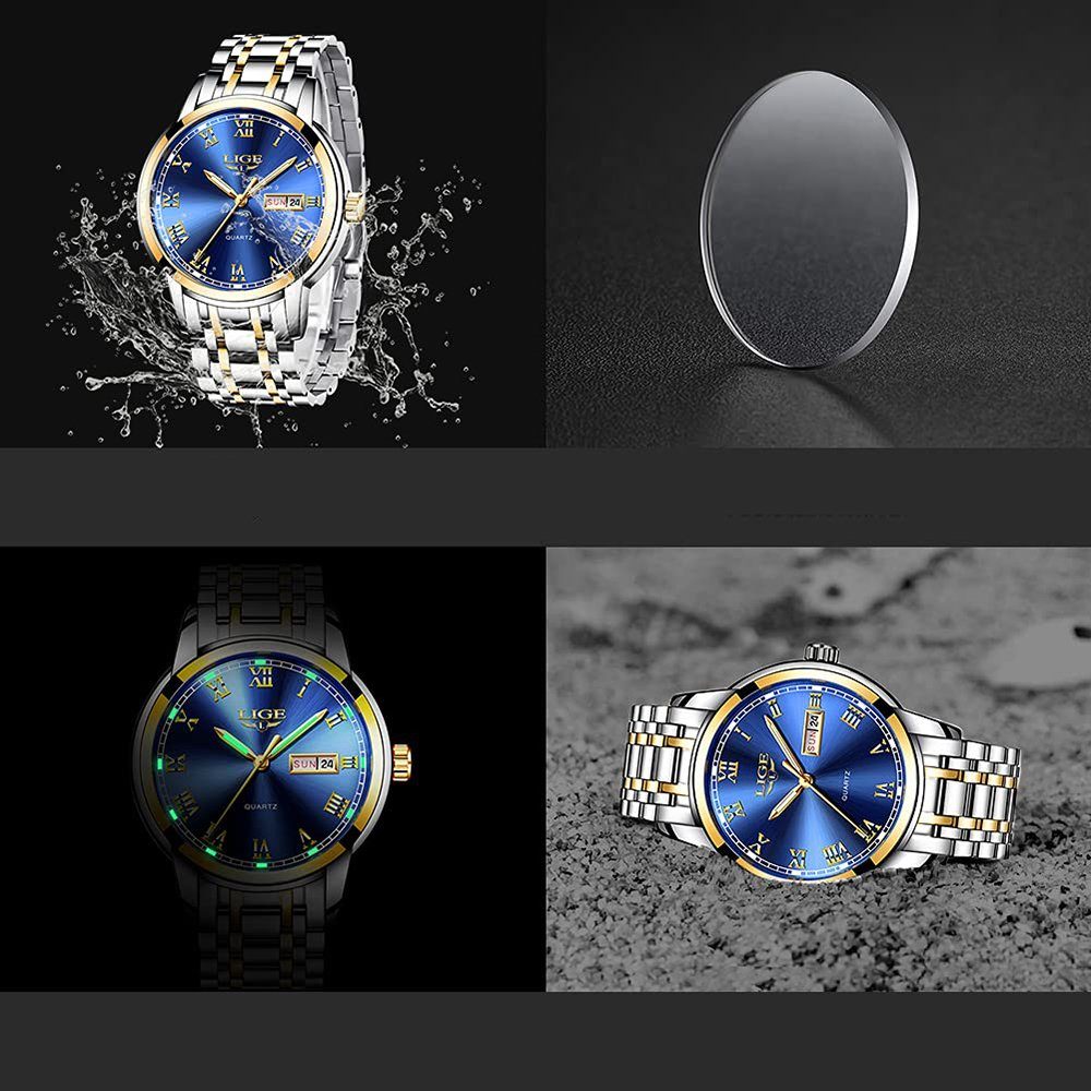 GelldG Uhr Uhren analog mit Sportuhr Business Uhrenarmband Wasserdicht Blau Mode Gold, Quarz