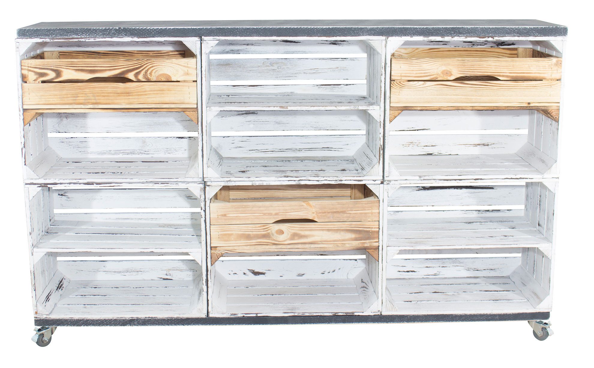 Kistenkolli Altes Land Allzweckkiste 6 shabby weißen mit 3 geflammten 2 Rollen, 150x93x30 (Spar-Set, 1er Set)