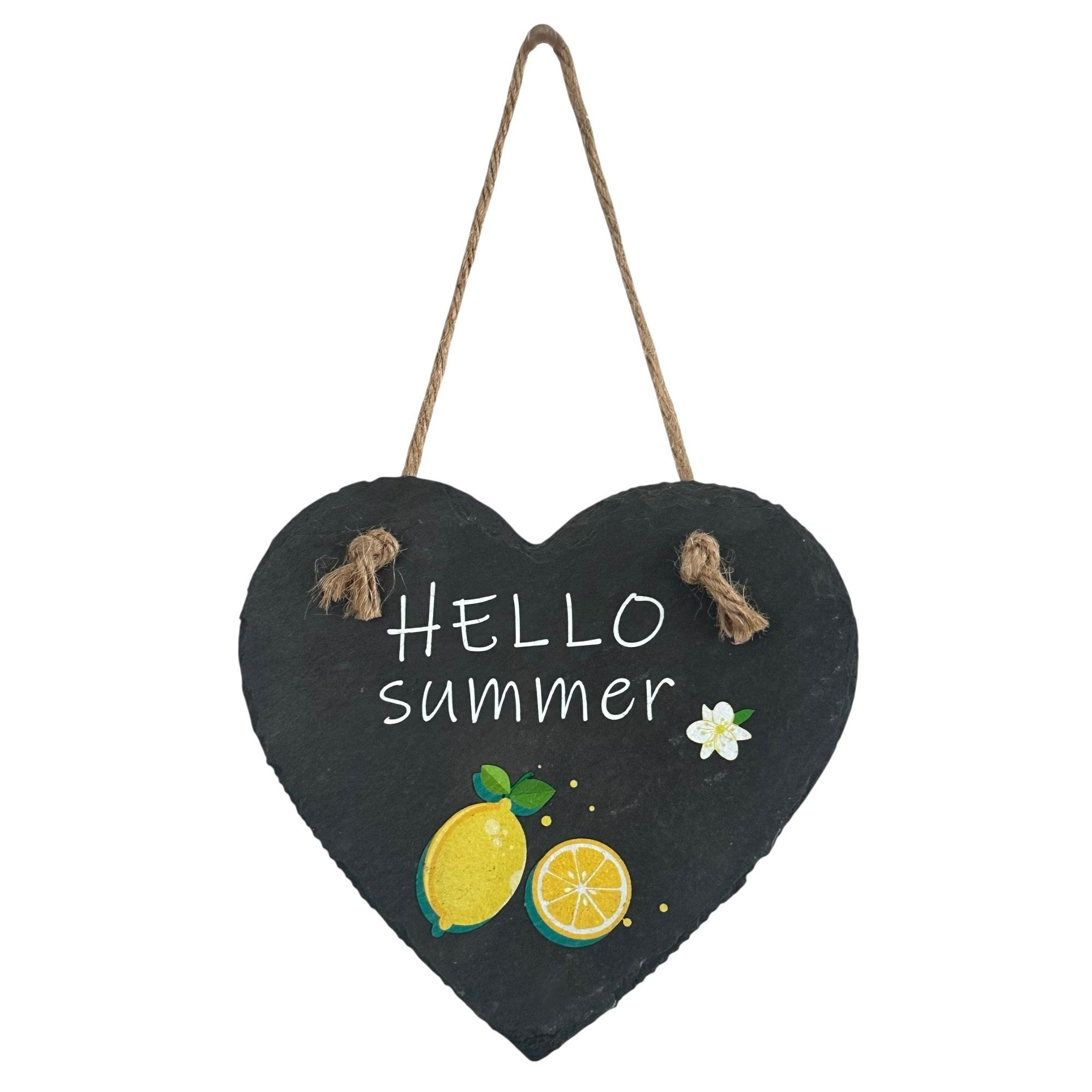 Gasper Hängedekoration Schiefer-Herzhänger "HELLO summer" 15x15cm. Dekoherz Schiefertafel