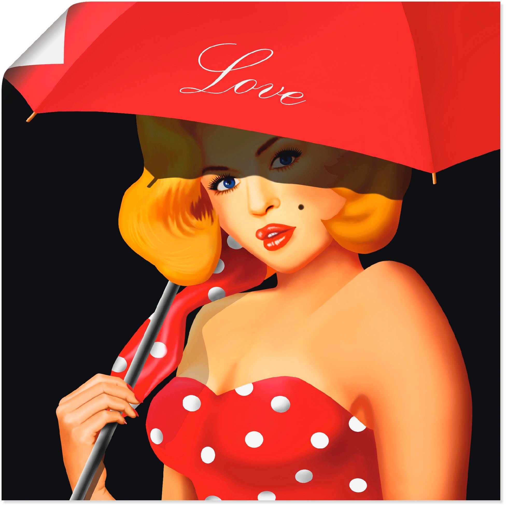 Artland Wandbild Pin-Up Girl unter rotem Regenschirm, Frau (1 St), als Alubild, Leinwandbild, Wandaufkleber oder Poster in versch. Größen