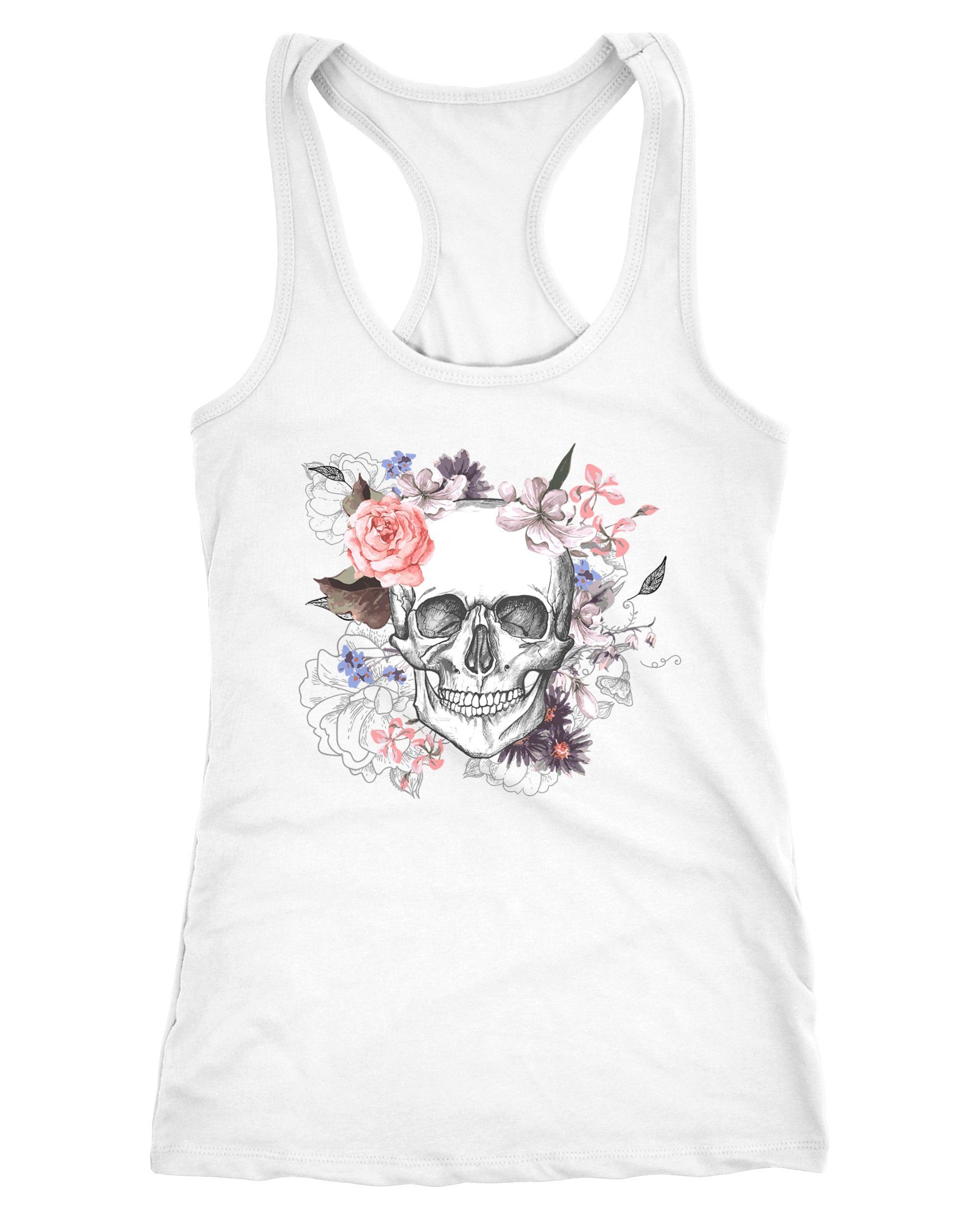 Tanktop Damen Tank-Top Totenkopf Blumen Flower Skull Boho Schädel Racerback