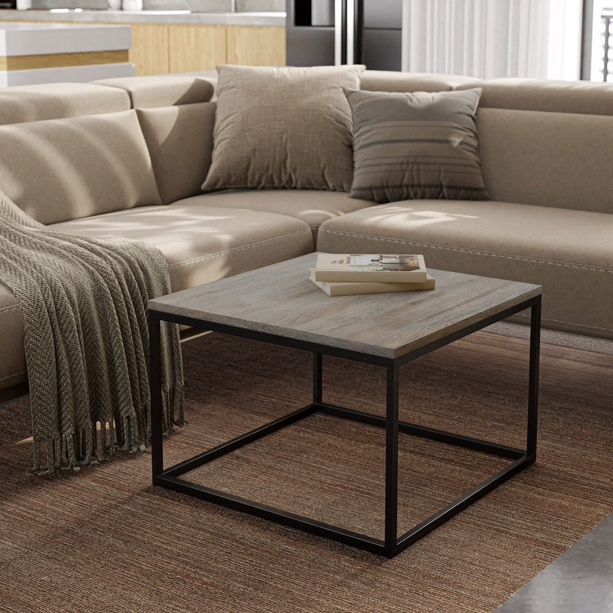 Liadomo Couchtisch Granada, Wohnzimmertisch, Sofatisch, Massivholztisch, Akazie Natur oder steingrau, Metallgestell, quadratisch, vormontiert