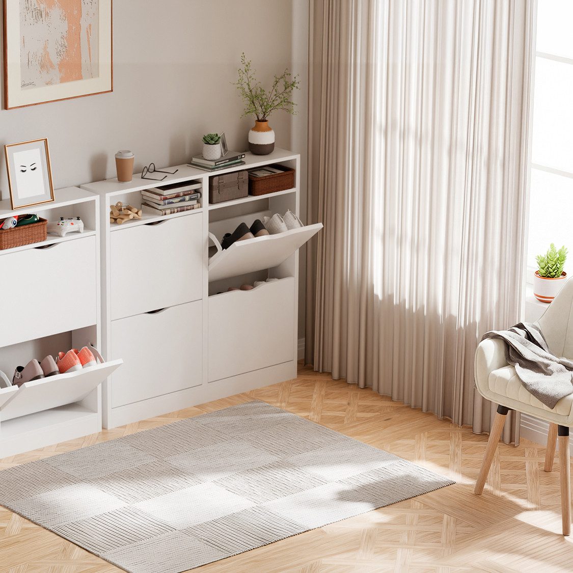ELUCHANG Schuhschrank Schmal mit 4 Klappen Platzsparender (1-St) 100×17×100cm, weiß – Bild 2 von 5