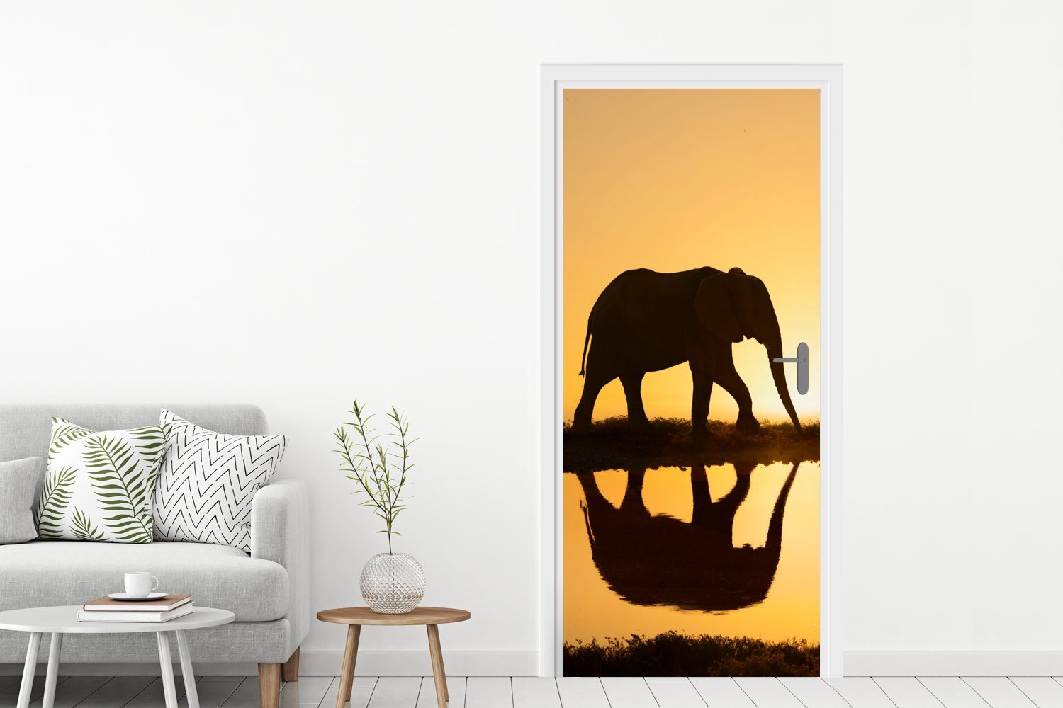 Matt, Sonnenuntergang, Elefanten Tür, bei für bedruckt, cm eines MuchoWow 75x205 (1 Türtapete Türaufkleber, Fototapete St), Silhouette