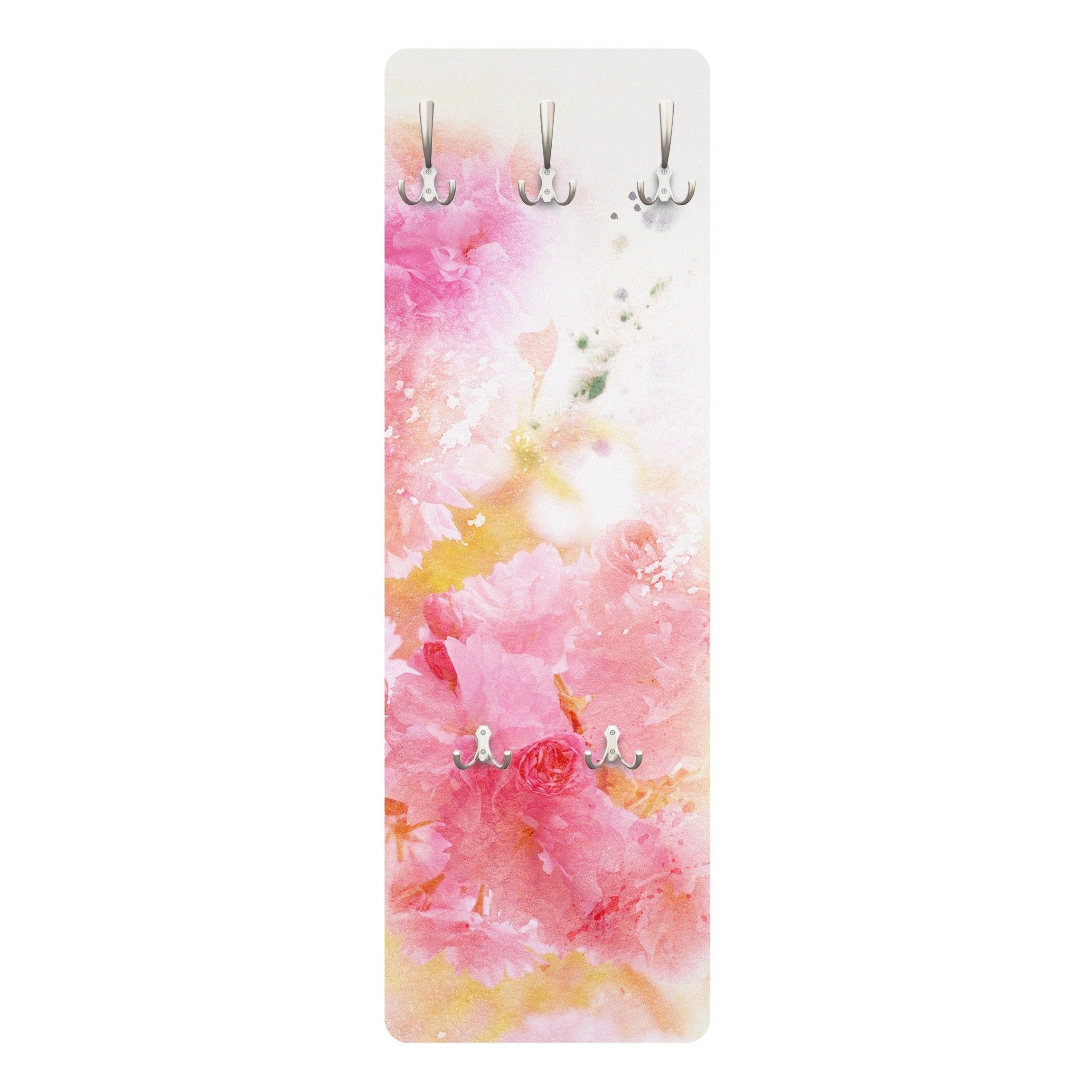 Bilderdepot24 Garderobenpaneel rosa Aquarell Blumen Floral Kunst Aquarell Blumen Pfingstrosen (ausgefallenes Flur Wandpaneel mit Garderobenhaken Kleiderhaken hängend), moderne Wandgarderobe - Flurgarderobe im schmalen Hakenpaneel Design