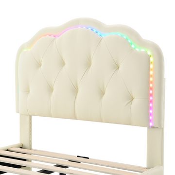 IDEASY Prinzessinbett Wellkopfteil, Kinderbett, Einzelbett, PU-Polsterbett, LED-Lichtleiste, 90 x 200 cm, Metallkiel, Höhe 12 cm über dem Boden