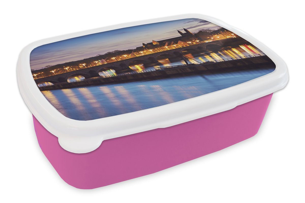MuchoWow Lunchbox Licht - Brücke - Maastricht, Kunststoff, (2-tlg), Brotbox für Erwachsene, Brotdose Kinder, Snackbox, Mädchen, Kunststoff rosa