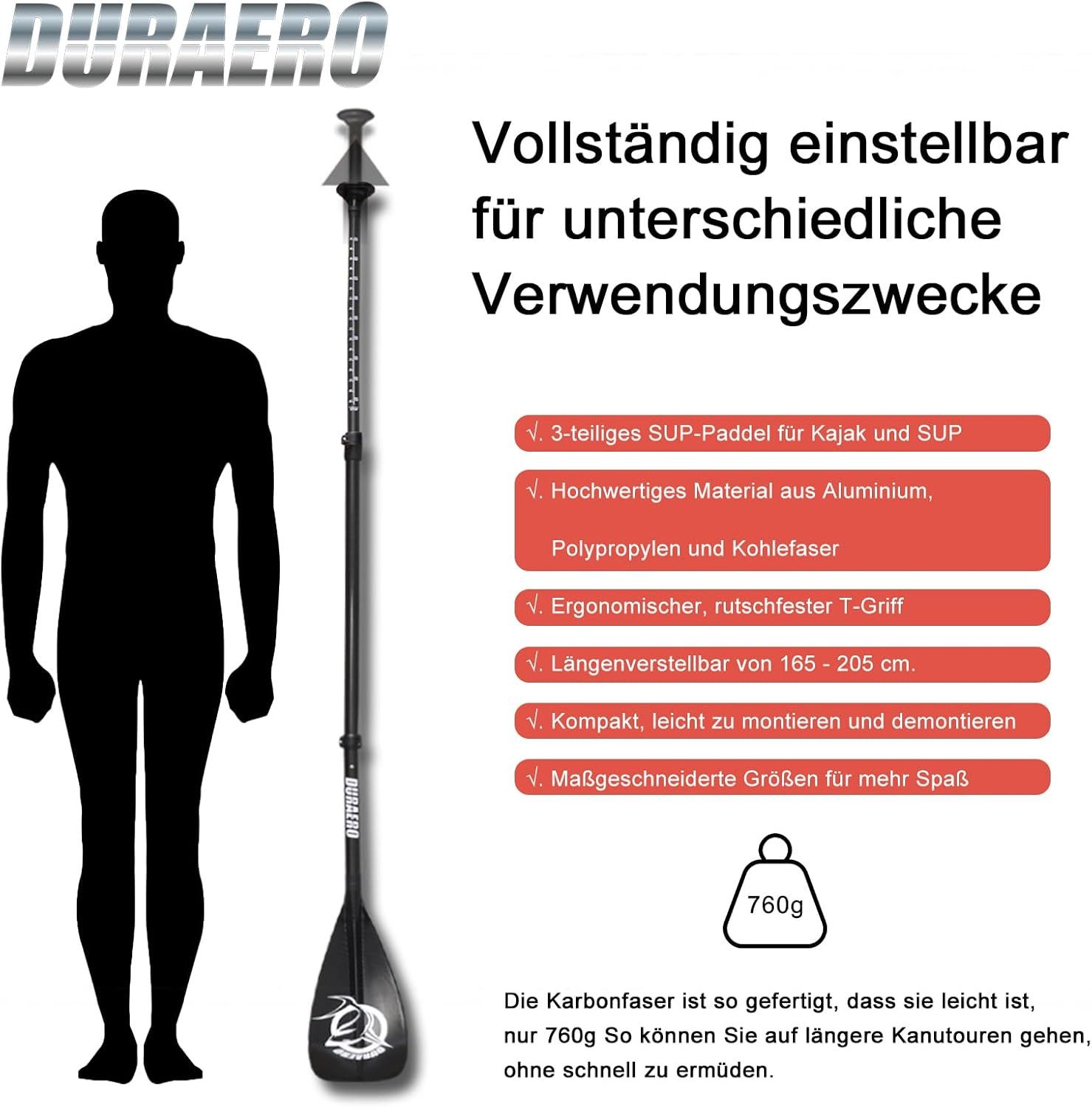 DURAERO SUP Paddel, 3-teiliges verstellbares Zerlegbar Carbon 165cm-215cm Handpaddel