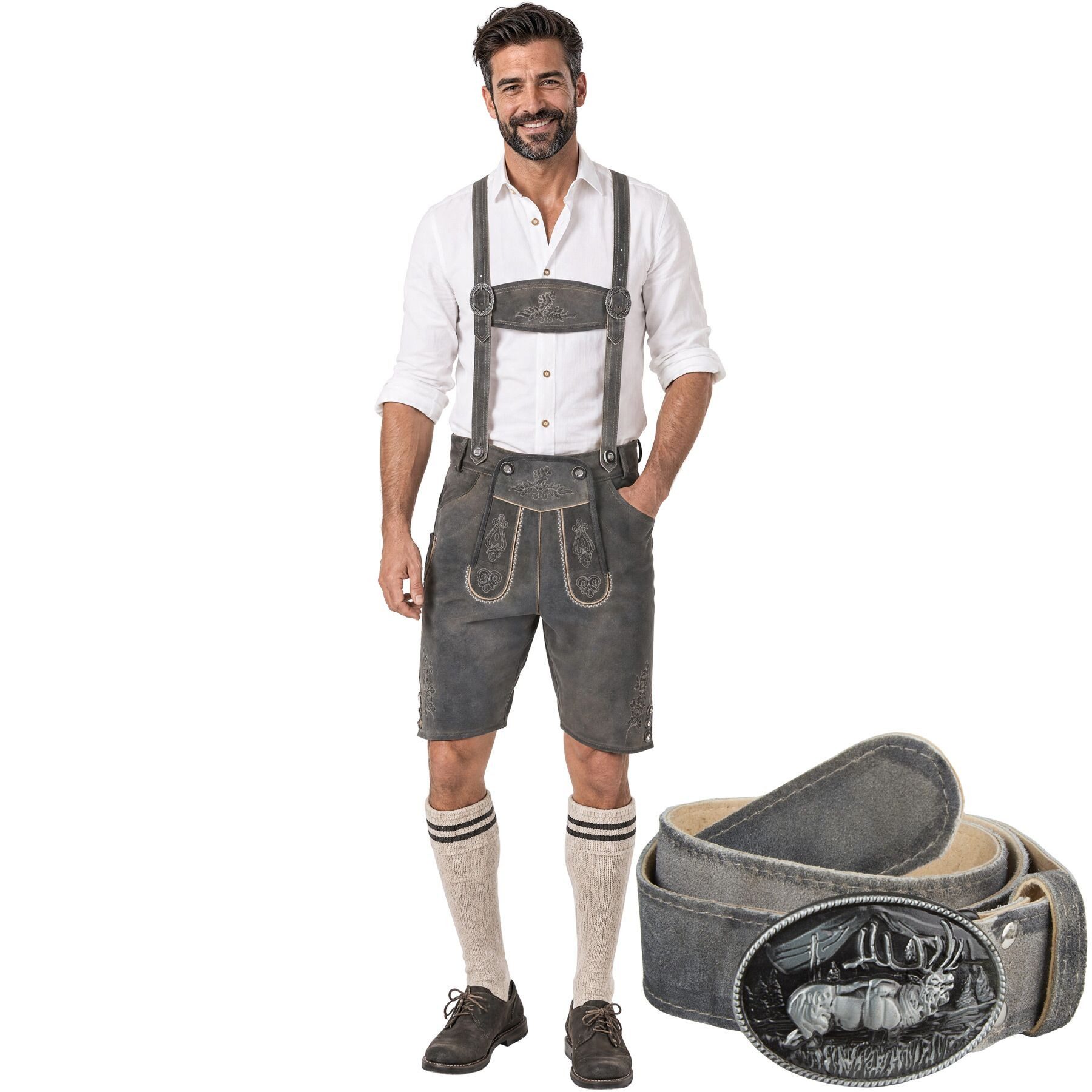 dressforfun Trachtenhose Kurze Herren-Lederhose mit traditionellen Strickereien, hochwertig (Herrenhose Joshua, für Volksfeste in Sandfarben) langlebig, echte Knochenknöpfe, Inkl. Gürtel und Hosenträgern