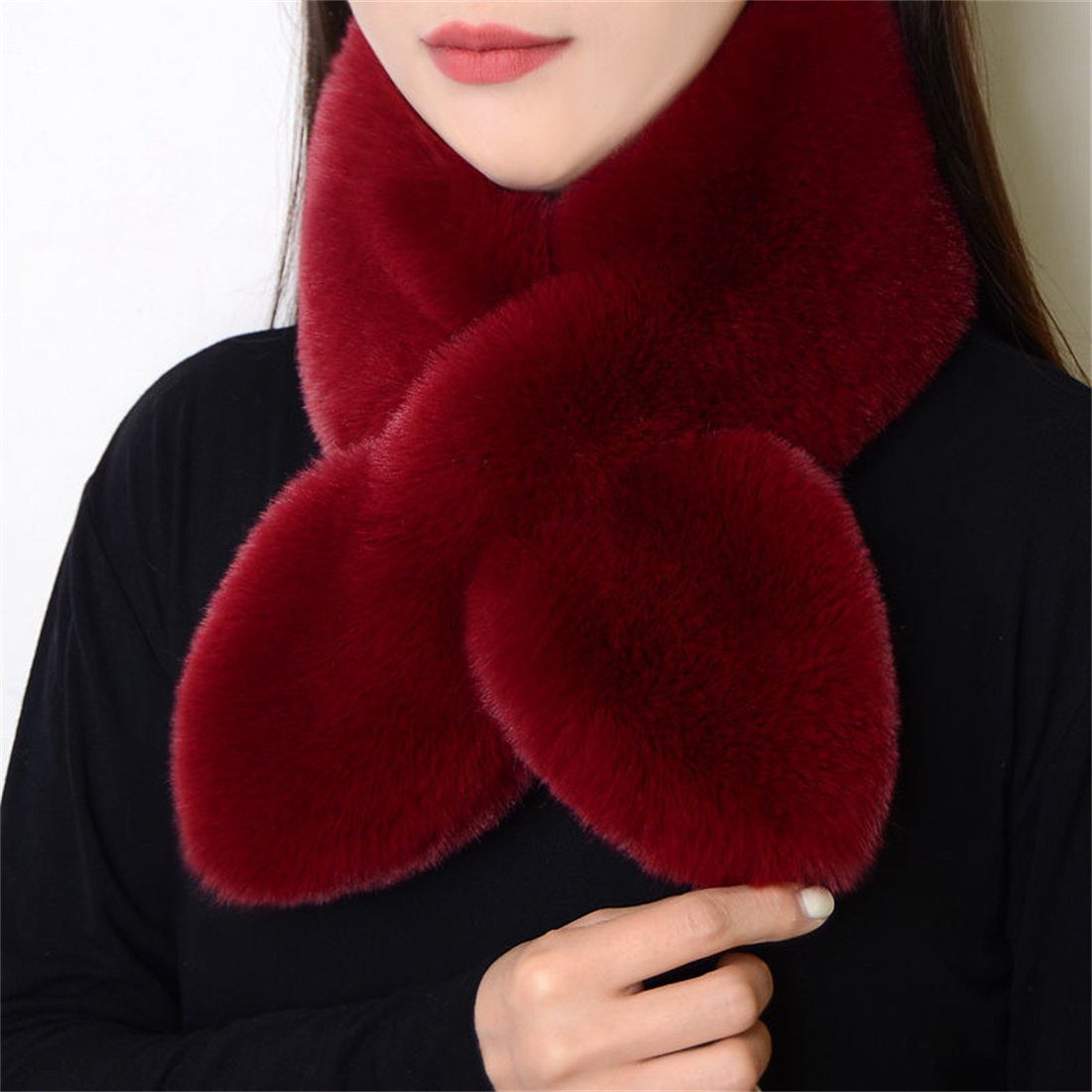 DÖRÖY Modeschal Women's Faux Otter Kaninchen Pelz Plüsch Schal, Kunstpelz Warm Schal Rot