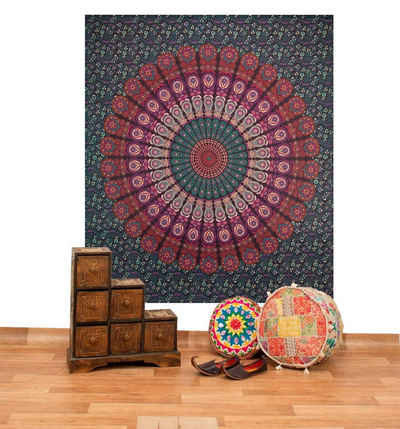 Wandteppich Tagesdecke Wandbehang Mandala Deko Tuch Peacock Pfau XL ca 200x230cm, KUNST UND MAGIE