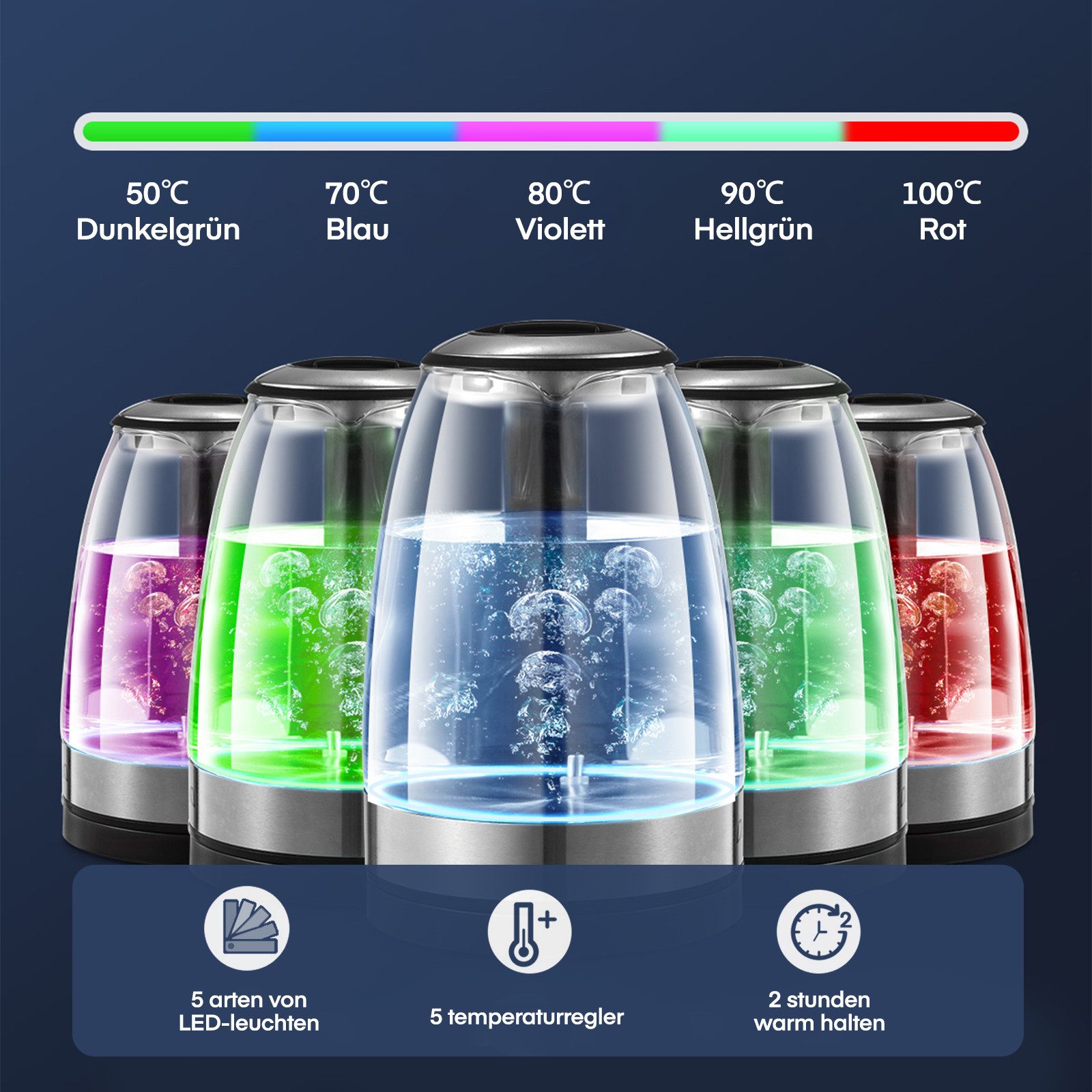 FOHERE Wasserkocher mit Temperaturregelung von 50 bis 100 °C, BPA-frei, 1.7 l, 2200 W, aus lebensmittelechtem Borosilikatglas und Edelstahl – Bild 4 von 5