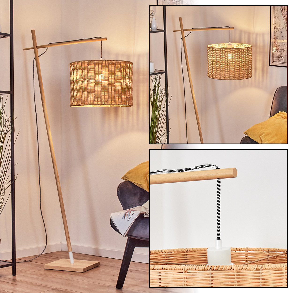 hofstein Stehlampe Stehlampe aus Holz/Metall mit Schirm aus Korbgeflecht/Rattan, ohne Leuchtmittel, Stehleuchte im modernen Boho-Design (40 cm), Höhe 160 cm, E27