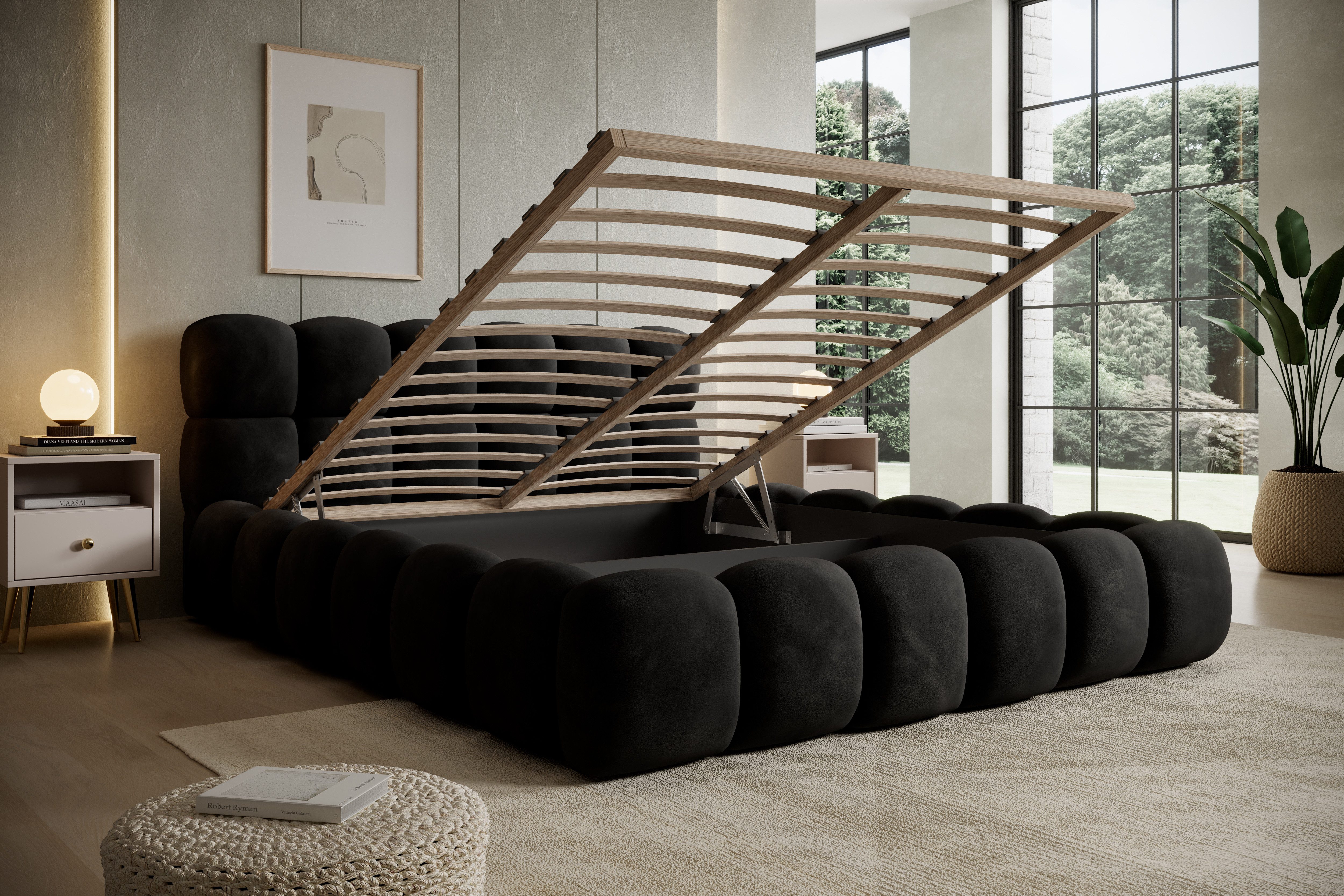 thematys Polsterbett mit Bettkasten 140x200–200x200 cm – Velours oder Bouclé Bezug – (Polsterbett in den Varianten Bouclé (Fredo), Velours (Velutto) - Wolkenbett mit XXL Kopfteil), Wolkenbett mit XXL Kopfteil)