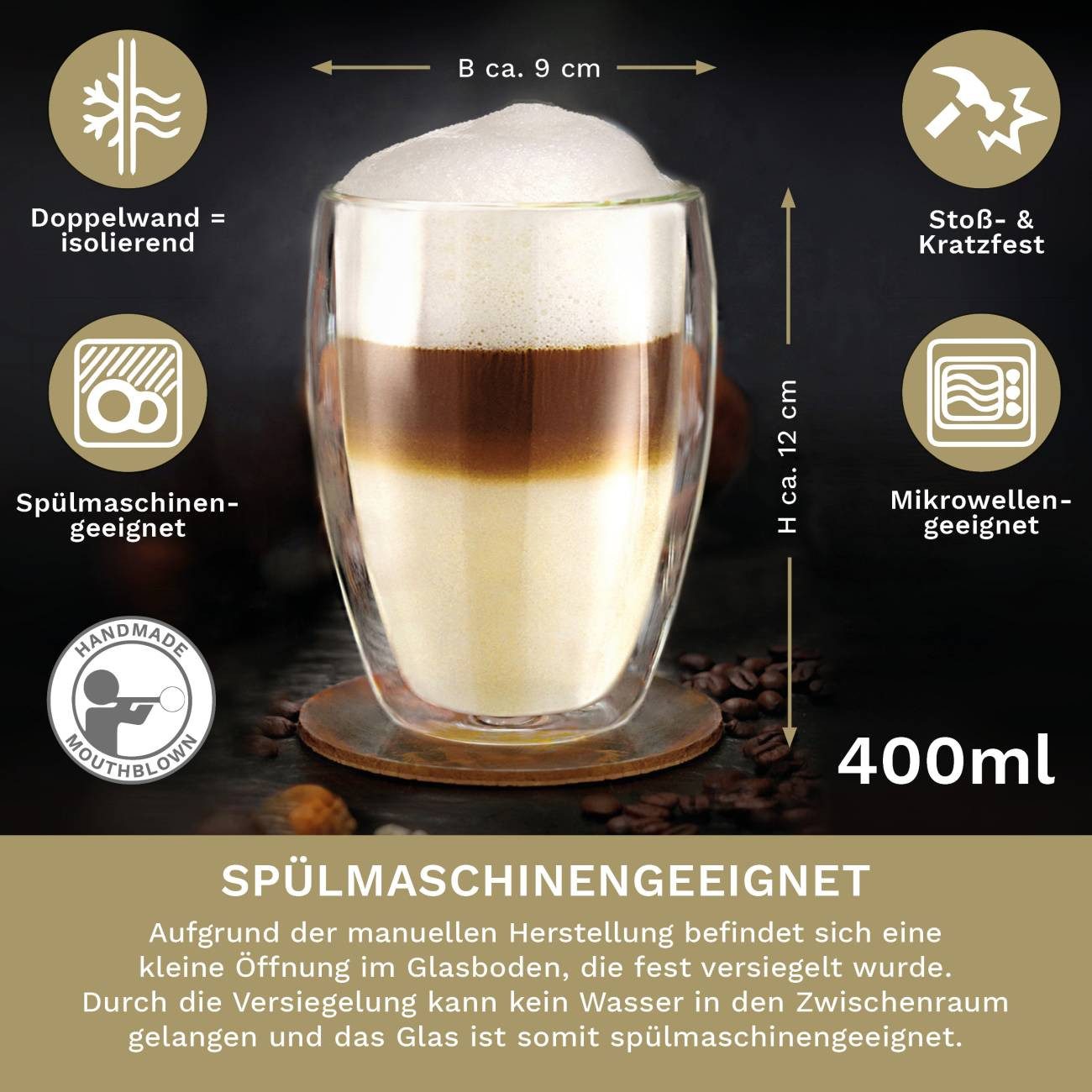 Creano Teeglas Thermoglas “hoch” 4er-Set 400ml, 4-tlg., Borosilikatglas, 4x teilig
