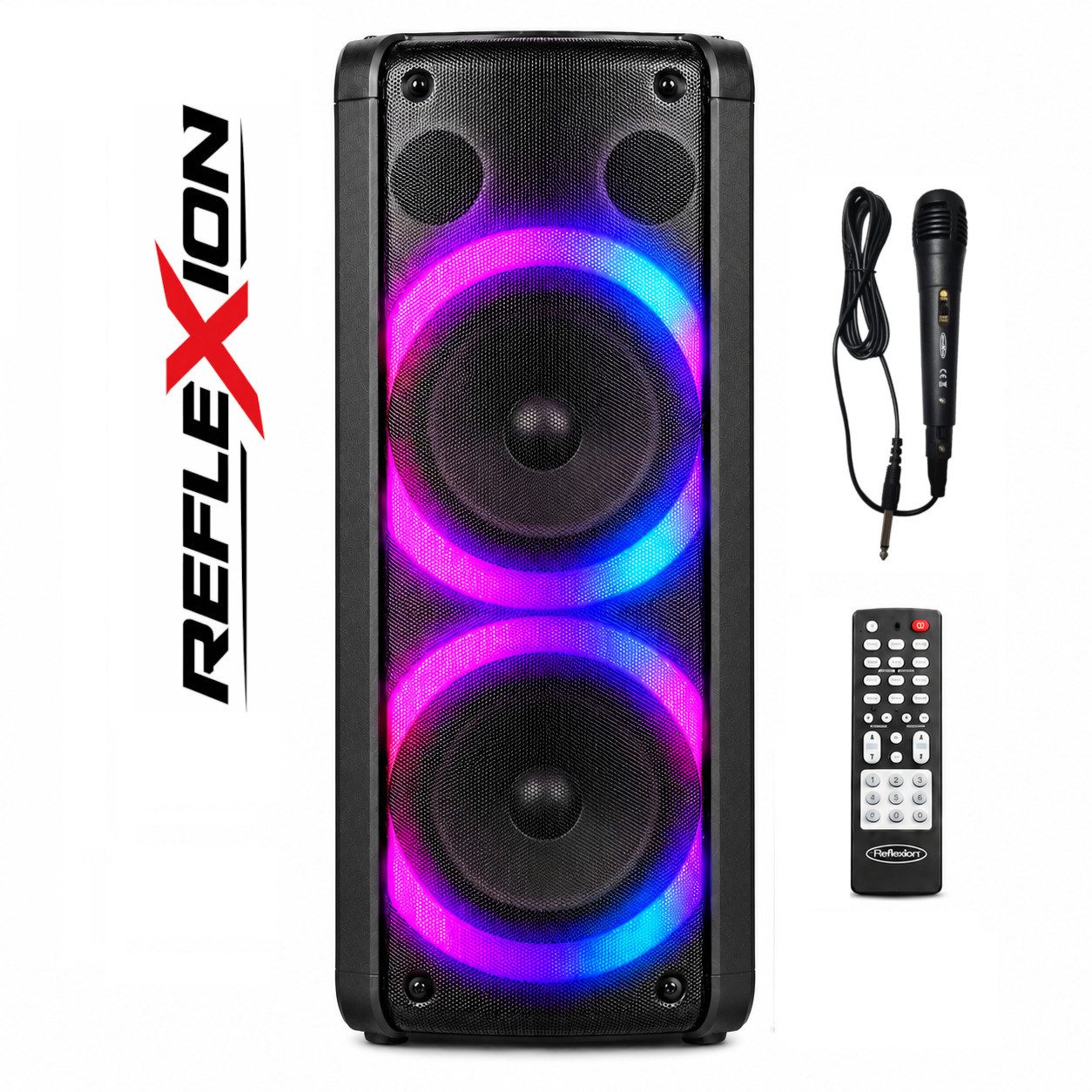 Reflexion PS09BT mit rotierenden Lichteffekten Party-Lautsprecher Stereo (Bluetooth, 500 W, Bluetooth, Radio, Karaoke, Disco-Licht Effekte, Micro-SD Slot)