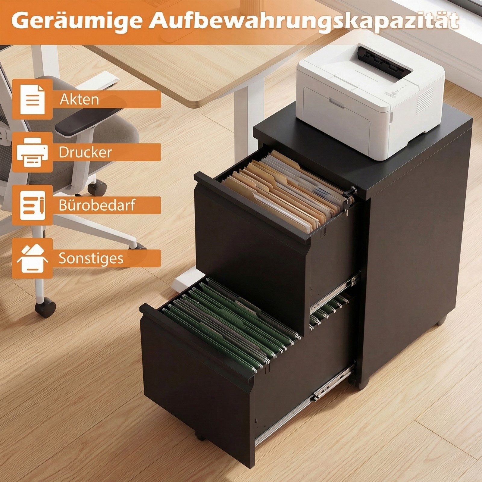 COSTWAY Rollcontainer, Aktenschrank abschließbar Stahl mit 2 Schubladen 44x37x67cm