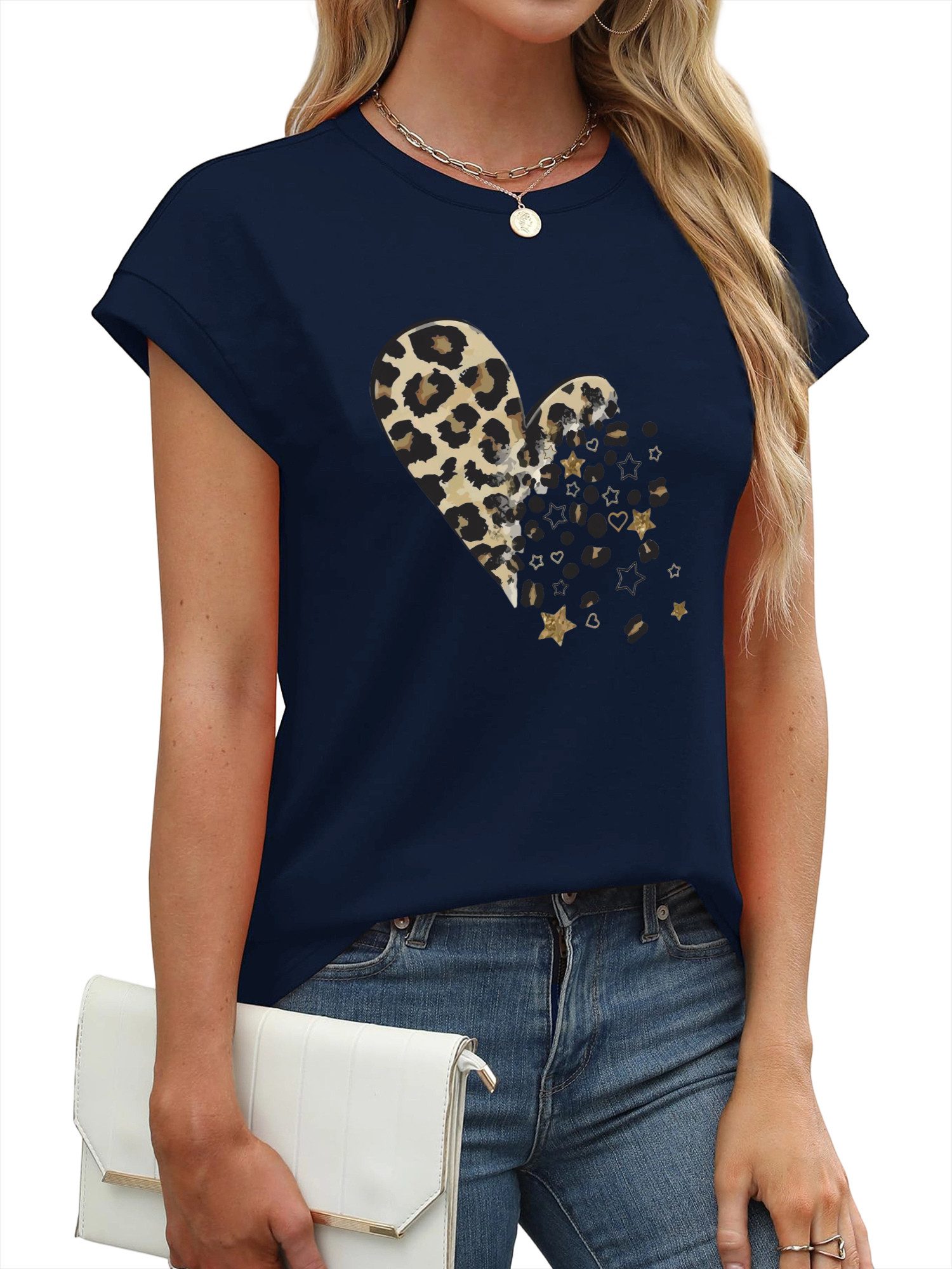 PYLIKE Kurzarmbluse Damen bequemes Sommer Kurzarm Carmenshirt Locker Liebe Print Modische Outfits Business Strand Urlaub Blusen Kleidung