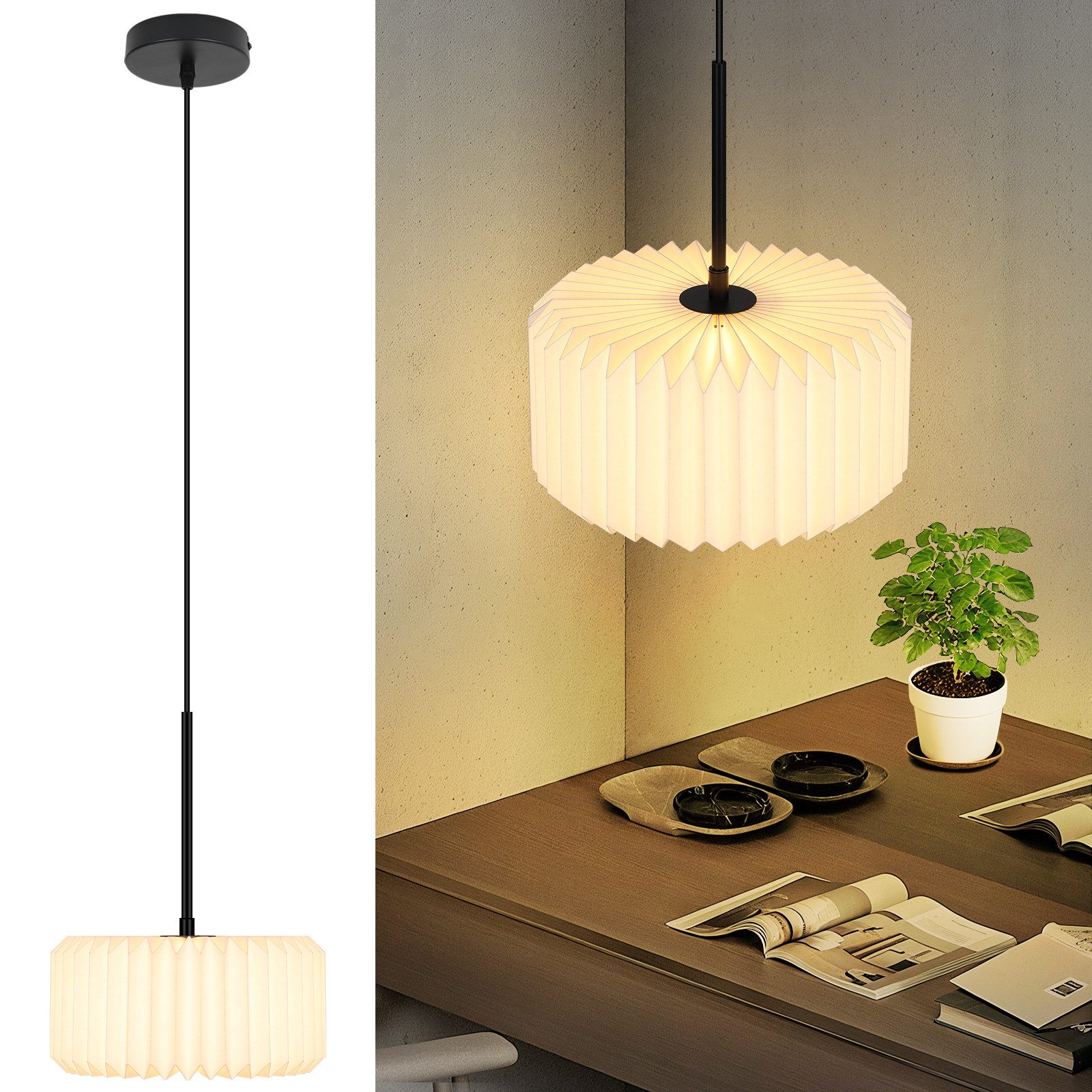 ZMH Pendelleuchte Pendelleuchte Esstisch Hängelampe Vintage für Schlafzimmer, ohne Leuchtmittel, Lampenschirm Papier Lang Pendellampe Esstischlampe