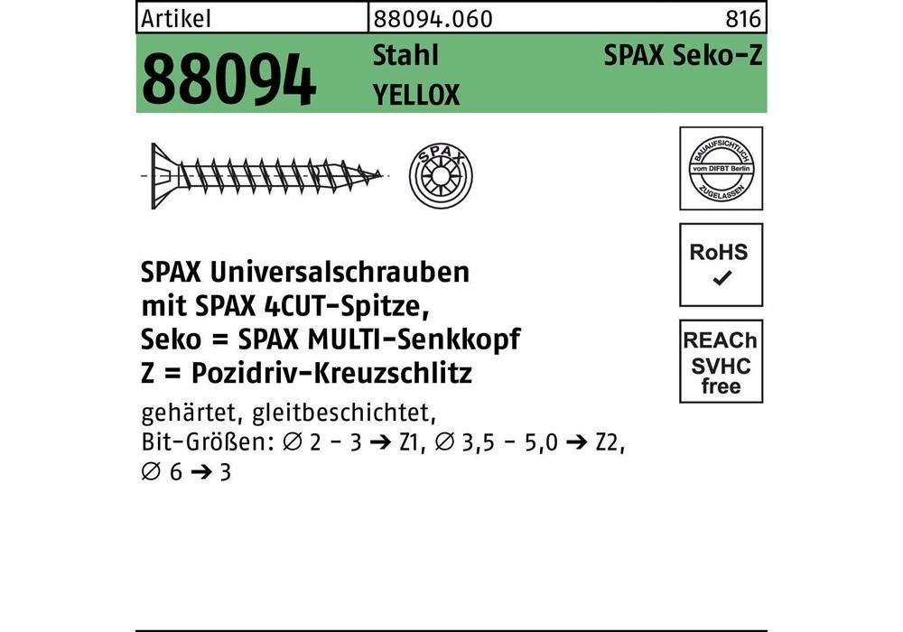 verzinkt 5 R 100/60-Z Schraube m.Spitze/Kreuzschl.-PZ gelb 88094 Senkschraube x Senkkopf galvanisch Stahl SPAX