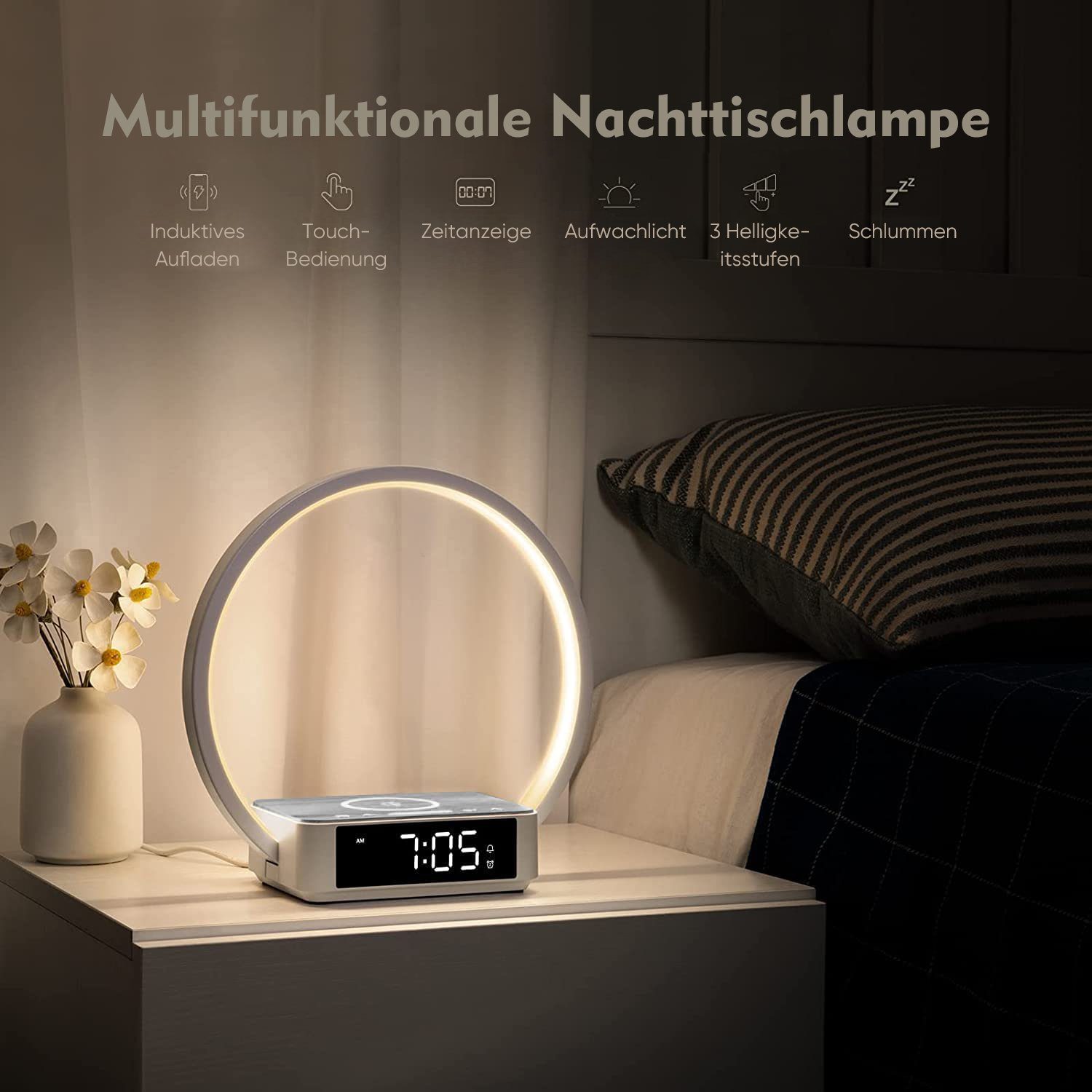 integriert, WILIT Helligkeitsstufen Wecker, Zeitanzeige fest Aufwachlicht, Wohnzimmer, Schreibtischlampe Warmweiß, Tischlampen Kabellos Ladefunktion und mit und LED Grau LED LED Tischleuchte 3 Weiß