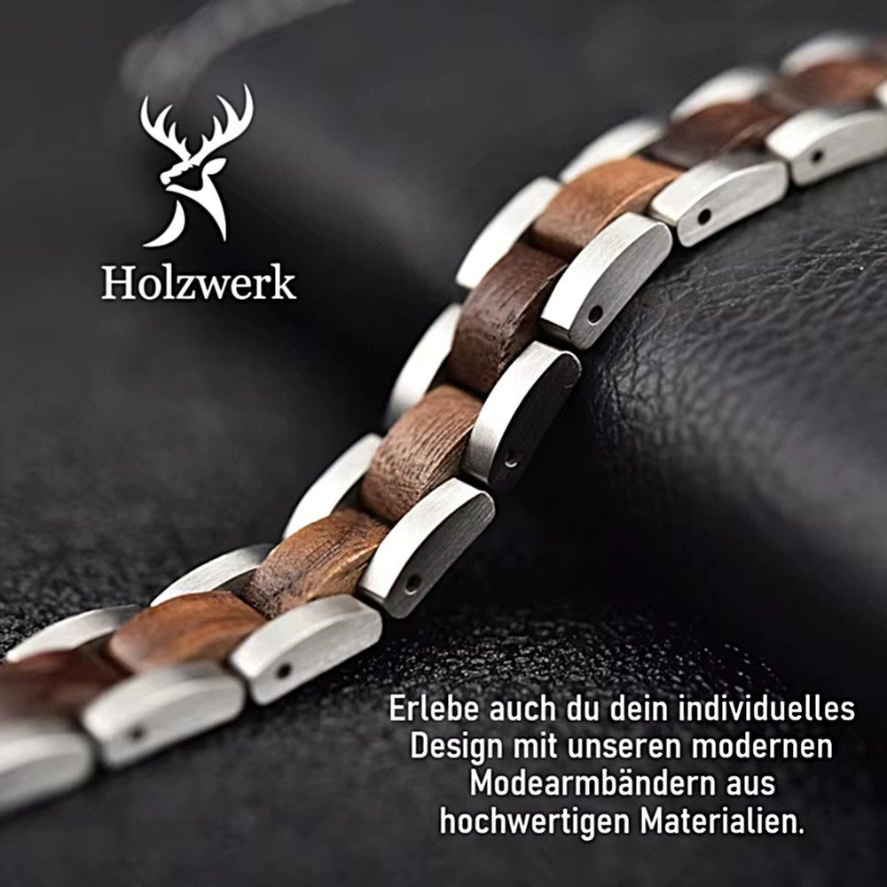 Holzwerk Edelstahlarmband Designer Holz Armband, Armkette Gliederarmband, Holz Unikate inkl. Armbandkürzer, ideal als Geschenk