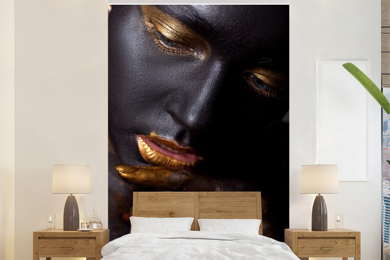 MuchoWow Fototapete Frau - Schwarz und Gold - Schwarz, Matt, bedruckt, (3 St), Montagefertig Vinyl Tapete für Wohnzimmer, Wandtapete