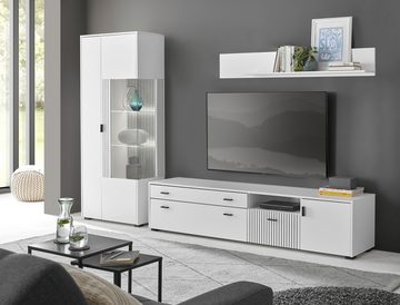 Furn.Design Wohnwand Merced, (Wohnzimmer-Set in weiß matt und schwarz, 3-St., 285 x 180 cm), mit Soft-Close Funktion, Staboptik