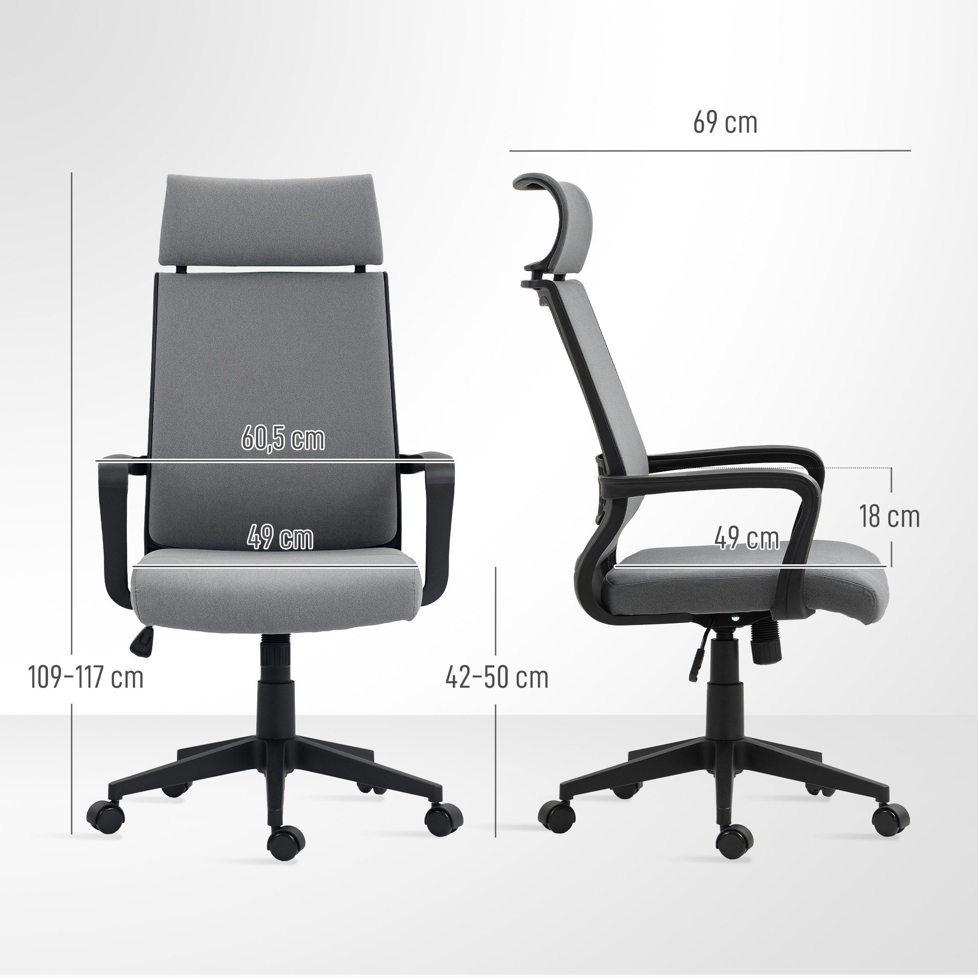 HOMCOM Bürostuhl Schreibtischstuhl mit weicher Kopfstütze, Räder, Armlehnen (höhenverstellbarer Drehstuhl mit Rückenlehne, 1 St), 69 x 60,5 x 109-117 cm, Dunkelgrau