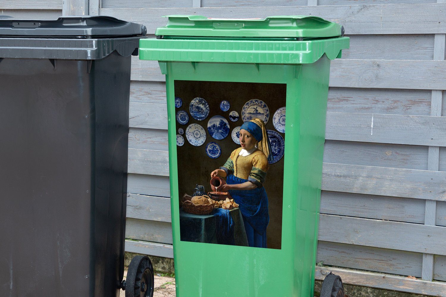 Wandsticker Vermeer Mülleimer-aufkleber, Mädchen - (1 Mülltonne, dem - Perlenohrring Milchmädchen Das Sticker, St), Abfalbehälter mit Container, MuchoWow