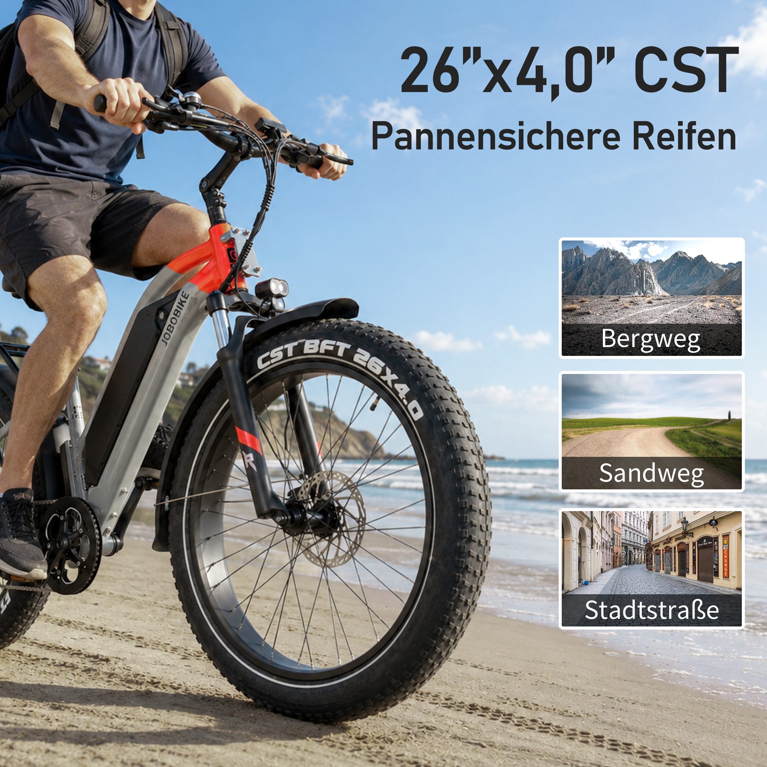 JOBOBIKE E-Bike Mountainbike 26 Zoll, Kepler, bis zu 180km, Bremslicht und Blinker, Fatbike, MTB, 7 Gang Shimano, Kettenschaltung, Heckmotor, 960 Wh, (Bafang-Hinterradmotor, Aluminiumrahmen, 4,0 Zoll CST-Fatbike-Reifen), Elektrofahrrad für Stadtverkehr, Touren und All-Terrain-Einsätze