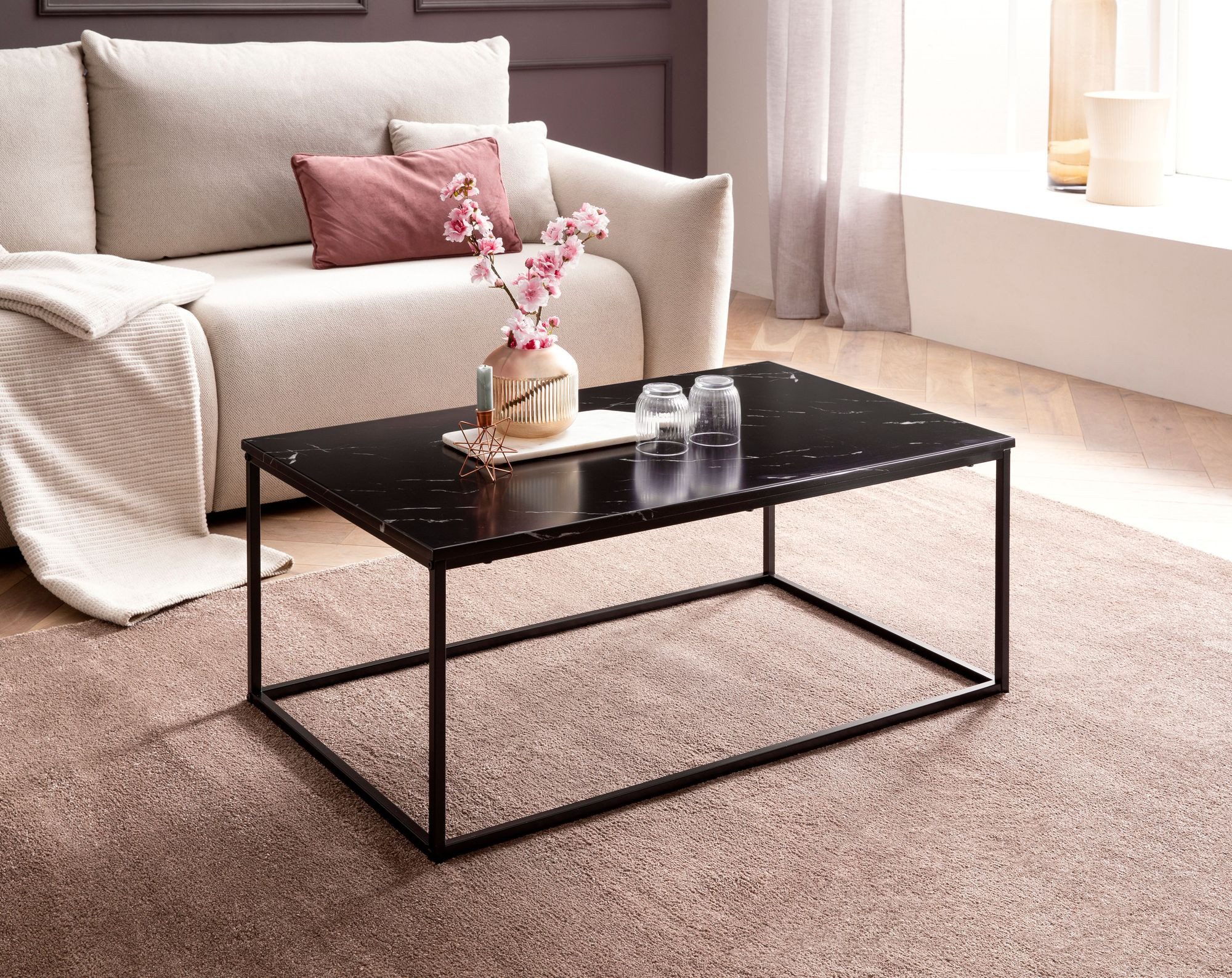 FINEBUY Couchtisch FB36841 Sofatisch Marmor Optik 100x60x40 cm Wohnzimmertisch Tisch (100x60x40 cm, Sofatisch mit Marmor Optik Schwarz), Wohnzimmertisch Kaffeetisch mit Metall-Gestell