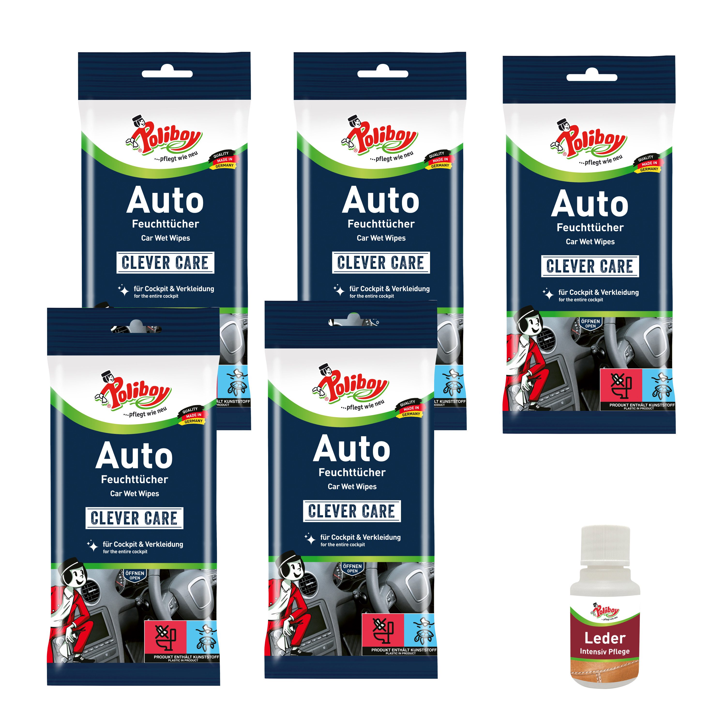 poliboy Auto Putztücher - 100 Tücher - Inklusive Leder Probe Reinigungstücher (20x18 cm, perfekt für die gründliche Reinigung des Innenraums - Made in Germany)