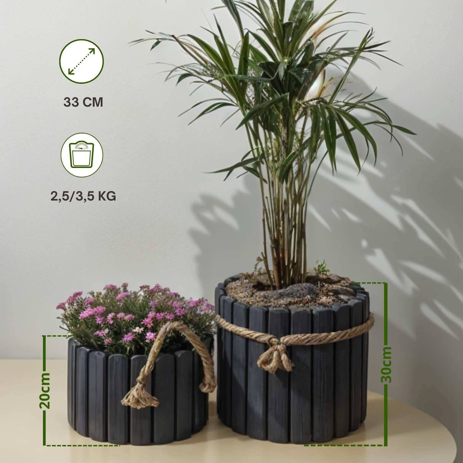 Floranica Übertopf Runder Blumentopf aus Holz Pflanzentopf Pflanzkübel (mit Juteschnur als Griffimitat, 1 St., Anthrazit), Dekoration für Haus und Garten, für Innen- und Außenbereich