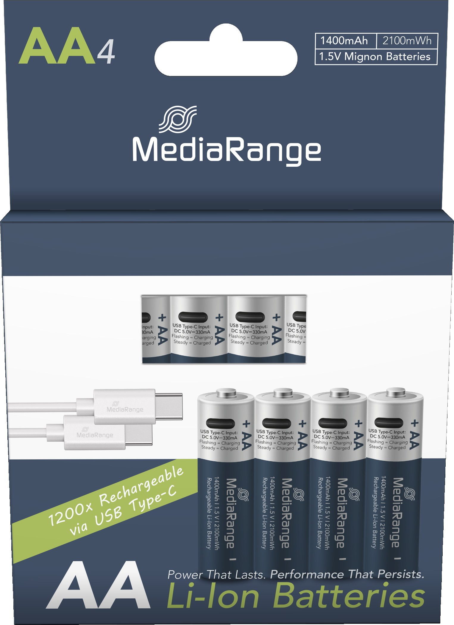 Mediarange 4 Akku AA mit USB-C Anschluss Li-Ion Mignon 1.5V 1.400mAh Ladekabel Akkupacks – Bild 2 von 5