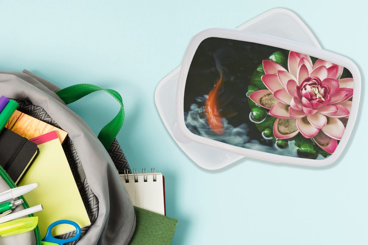 Kunststoff, für (2-tlg), Blume, und und mit Ein Jungs Erwachsene, einer weiß Brotbox rosa Mädchen Kinder Koi-Karpfen für MuchoWow Brotdose, Lunchbox