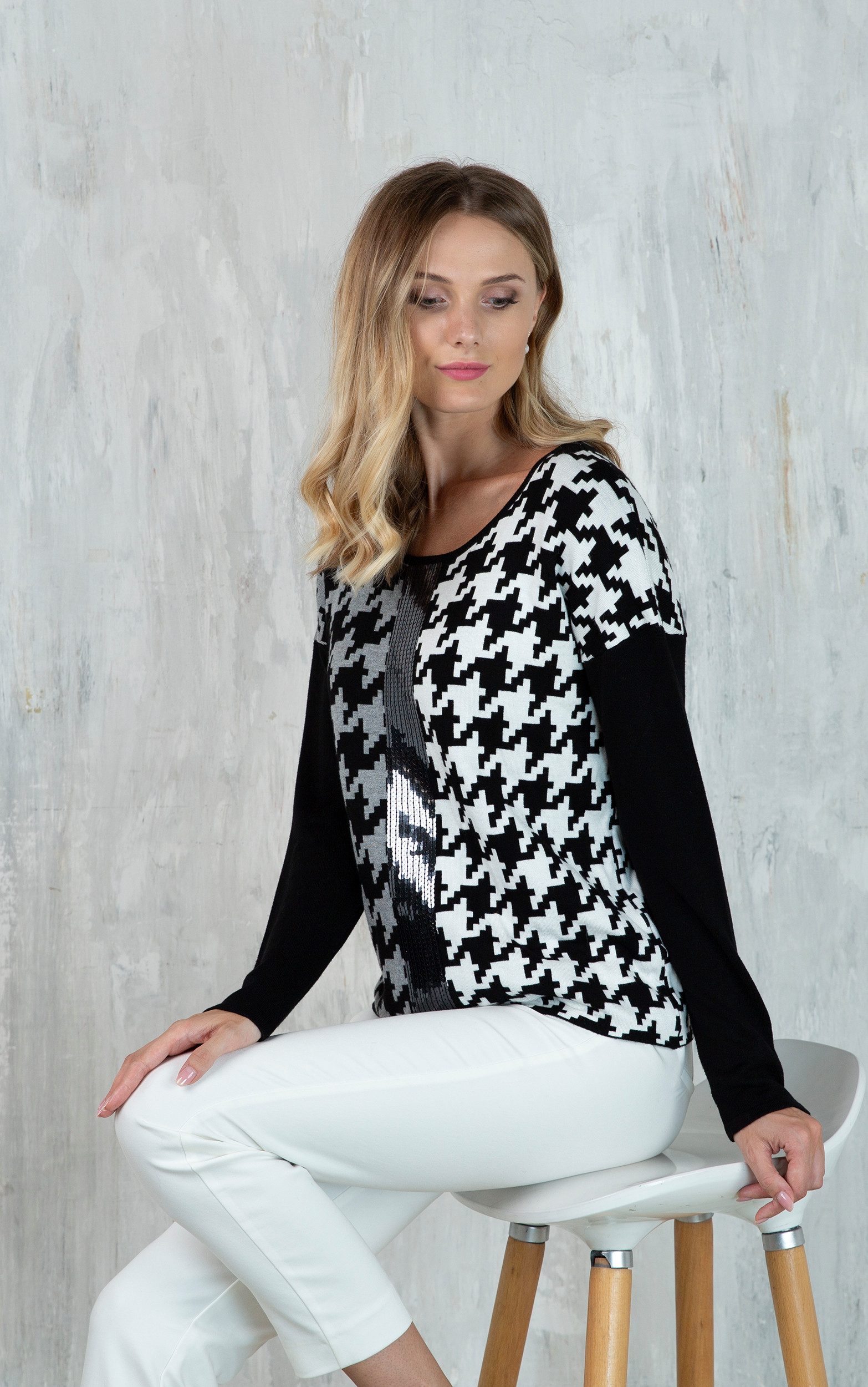 Passioni Strickpullover mit Hundertstich-Farbblockmuster günstig online kaufen