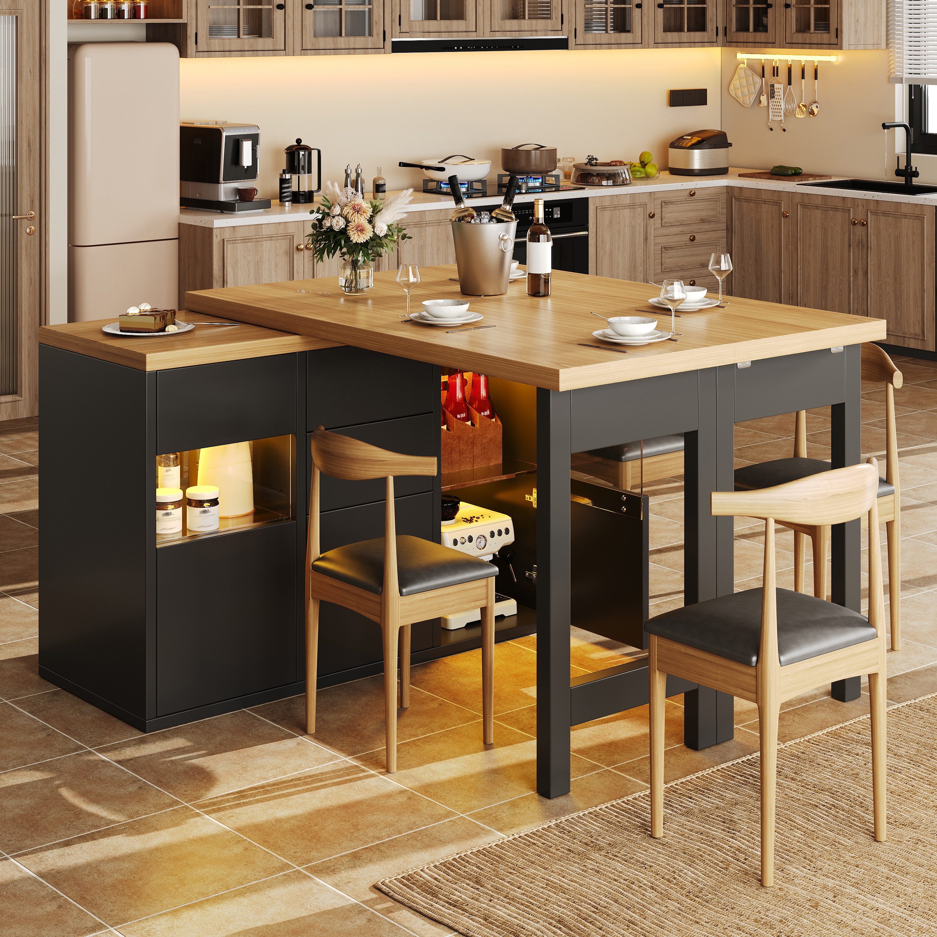 Flieks Kücheninsel mit 360° drehbarer und klappbarer Arbeitstisch, LED-Beleuchtung, (Holzoptik Tischplatte Tiefe 40-80cm, Längenverstellbar 120-197cm), ausziehbar Esstisch & Mehrzweckschrank, verstellbar Glaseinlegeböden
