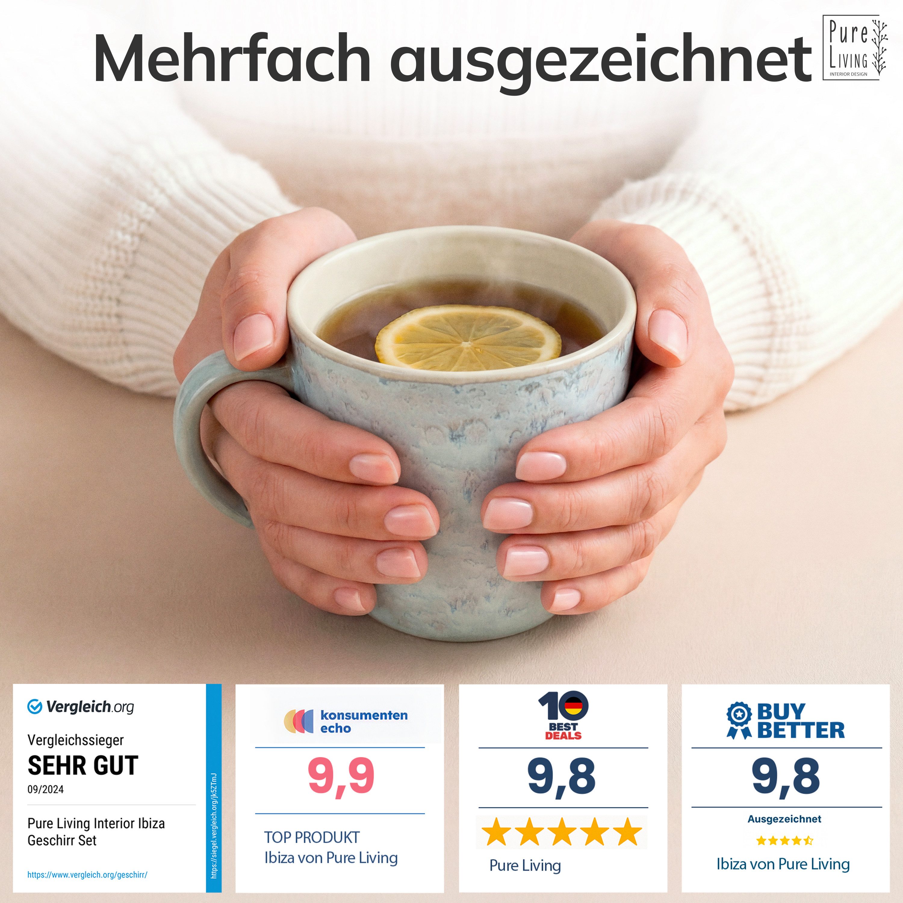 PURE LIVING INTERIOR DESIGN Geschirr-Set Ibiza Becher, 6er-Set, 435 ml, Beige Blau, Steingut (6-tlg), 6 Personen, Steingut – Bild 3 von 5