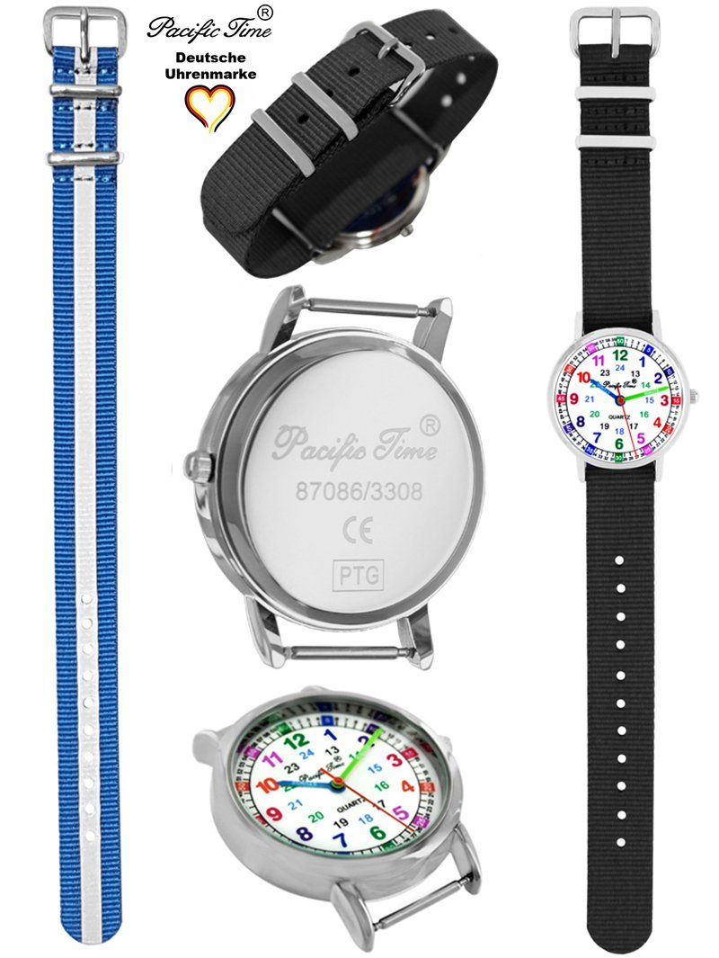 schwarz und Quarzuhr Kinder - Versand Time Design Lernuhr Mix Wechselarmband, Pacific Gratis Armbanduhr Set Reflektor blau Match und