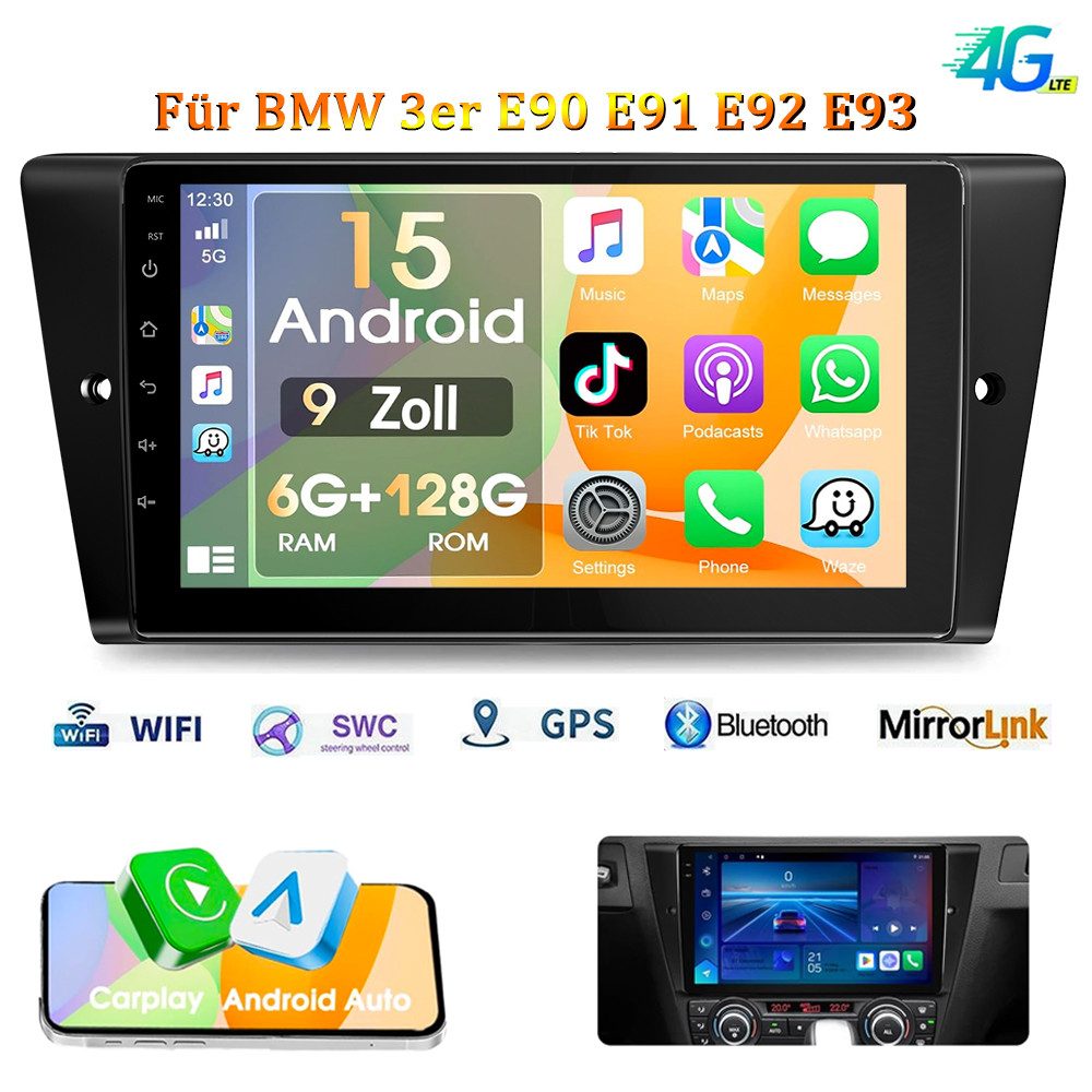 ESSGOO DAB+ 6+128G Für BMW 3er E90 E91 E92 E93 Android 15 Carplay GPS Navi BT Navigationsgerät (Apple Carplay & Android Auto,Touchscreen Bluetooth,RDS)