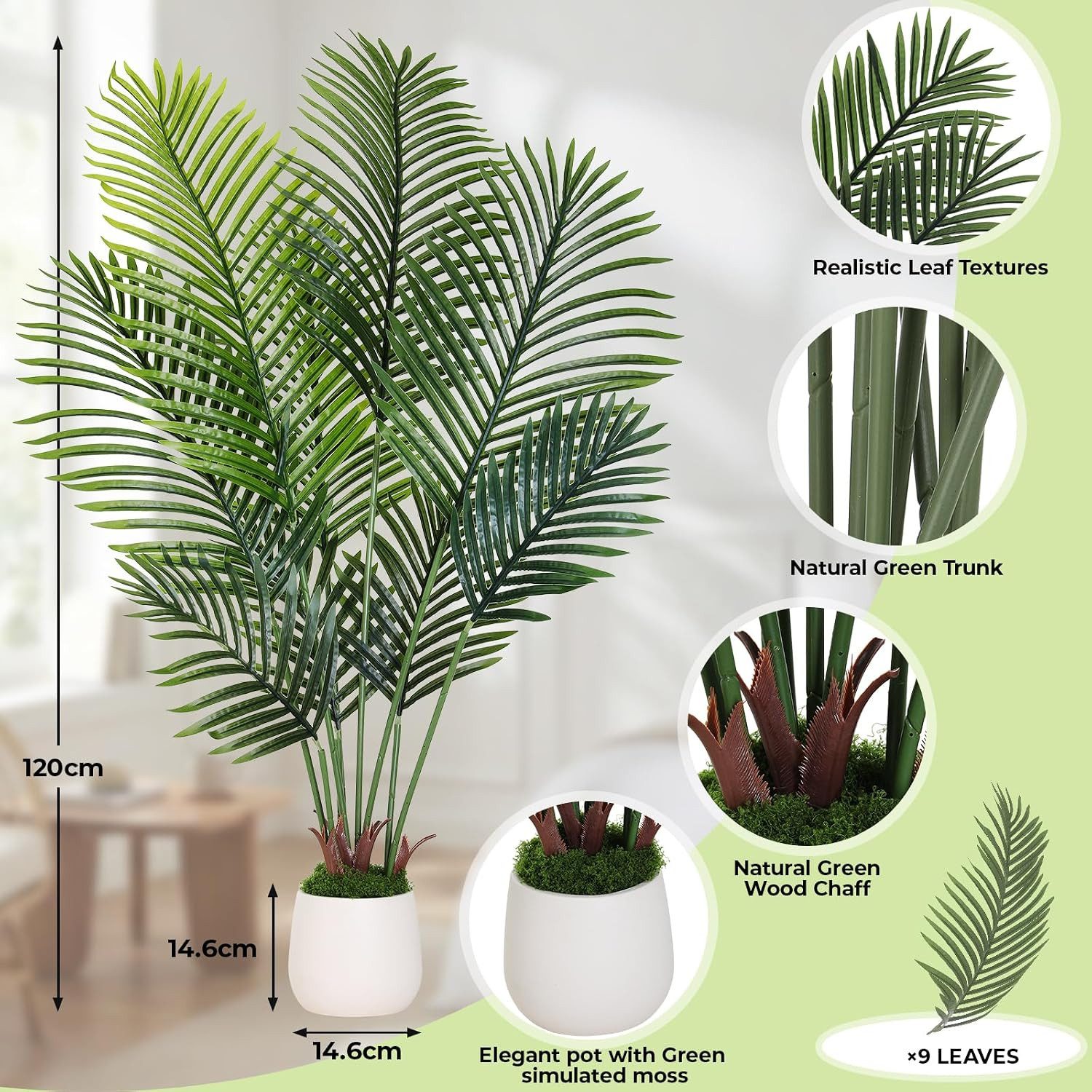 Kunstbaum Künstliche Areca Palme, TLGREEN, Höhe 120 cm, Tropische Pflanzen Deko für Innen Wohnzimmer Büro