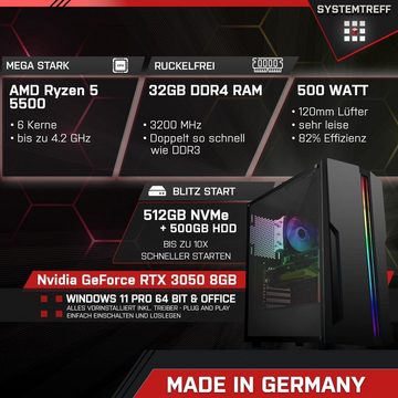 SYSTEMTREFF Basic Gaming-PC (AMD Ryzen 5 5500, GeForce RTX 3050, 32 GB RAM, 500 GB HDD, 512 GB SSD, Luftkühlung, Windows 11, WLAN)