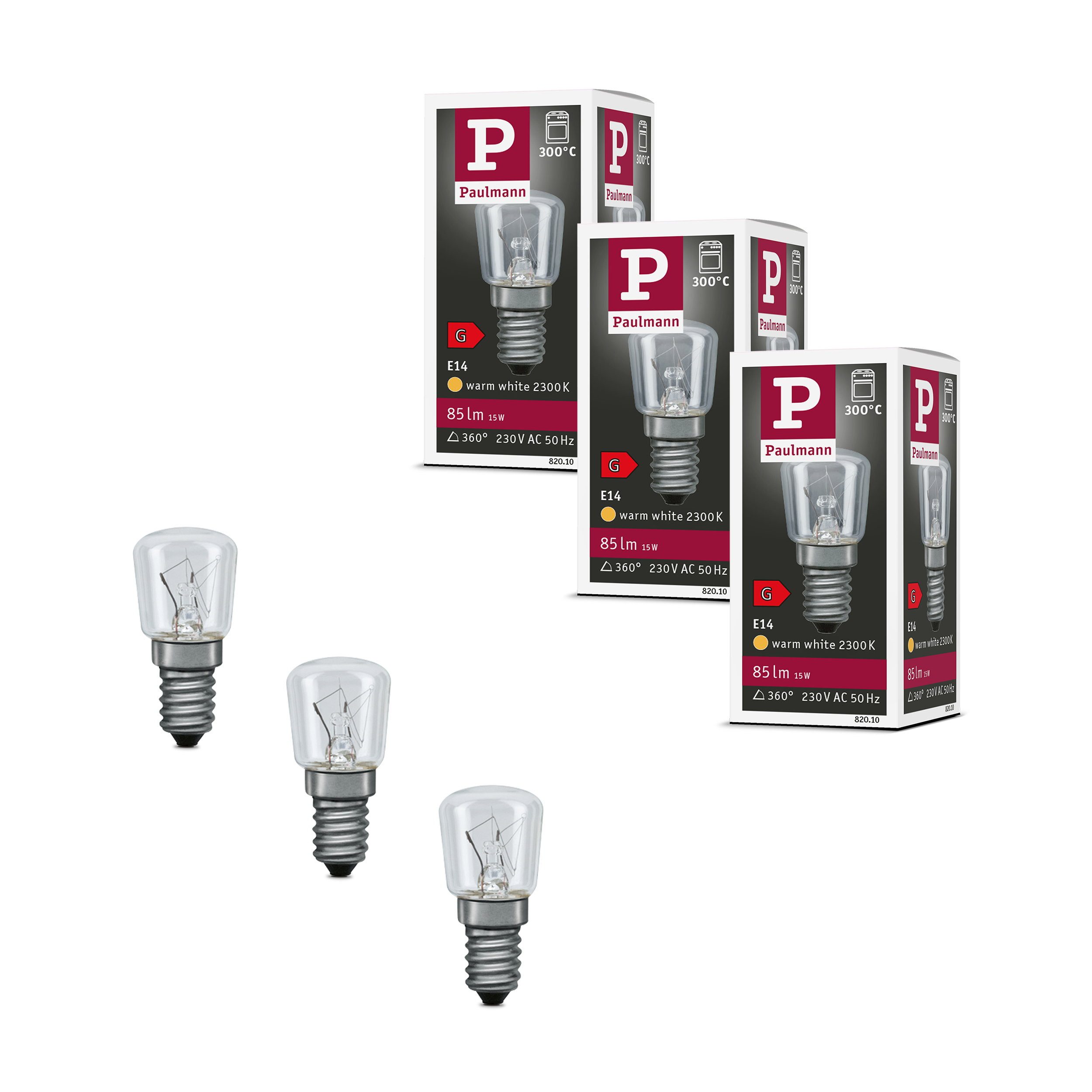Paulmann Spezialleuchtmittel Set Glühbirne Backofenlampe 300° E14 E14 230V 3x85lm 3x15W 2300K dimmb, E14, 3 St.