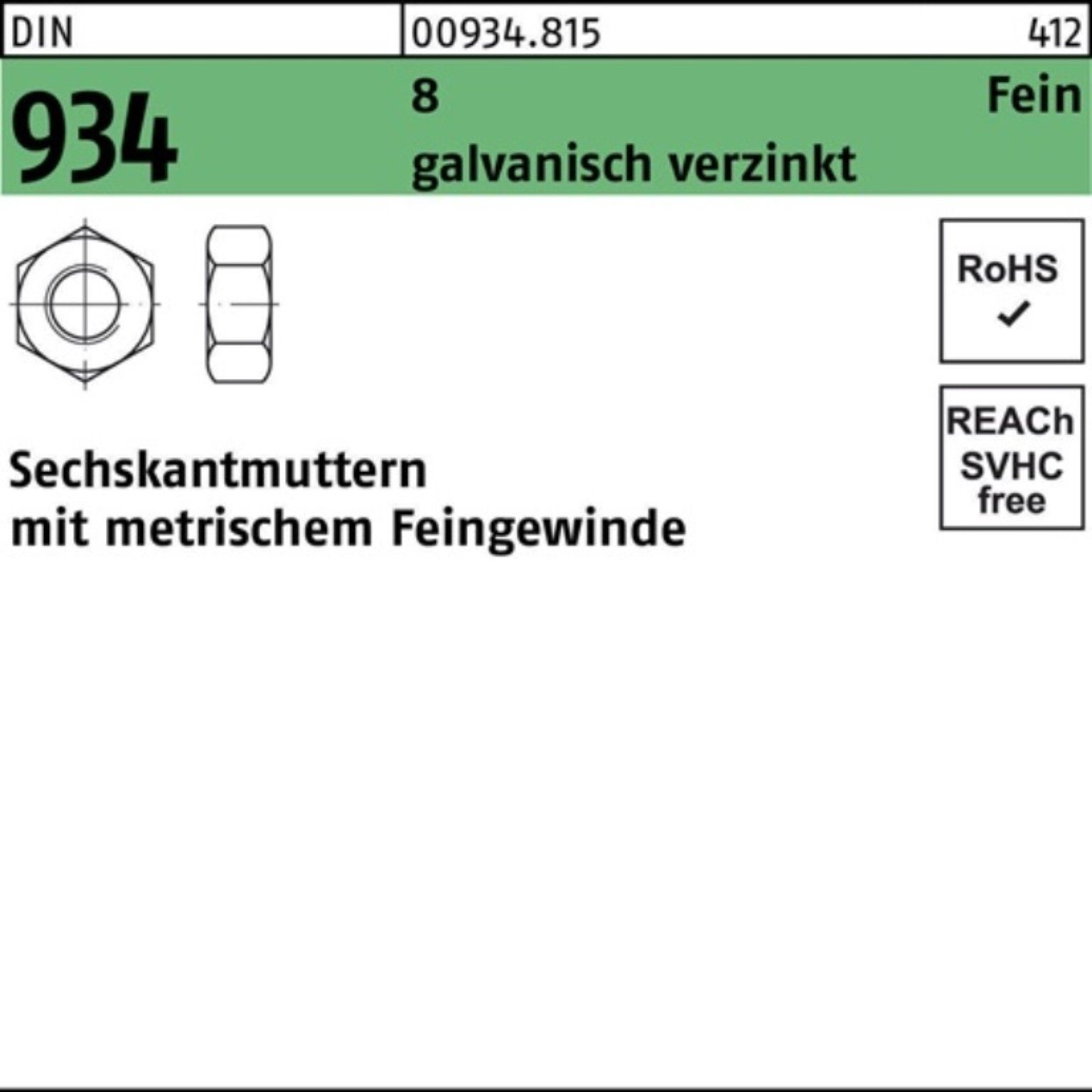 Reyher Muttern 100er Pack Sechskantmutter DIN 934 M8x 1 8 galv.verz. 100 Stück DIN 9