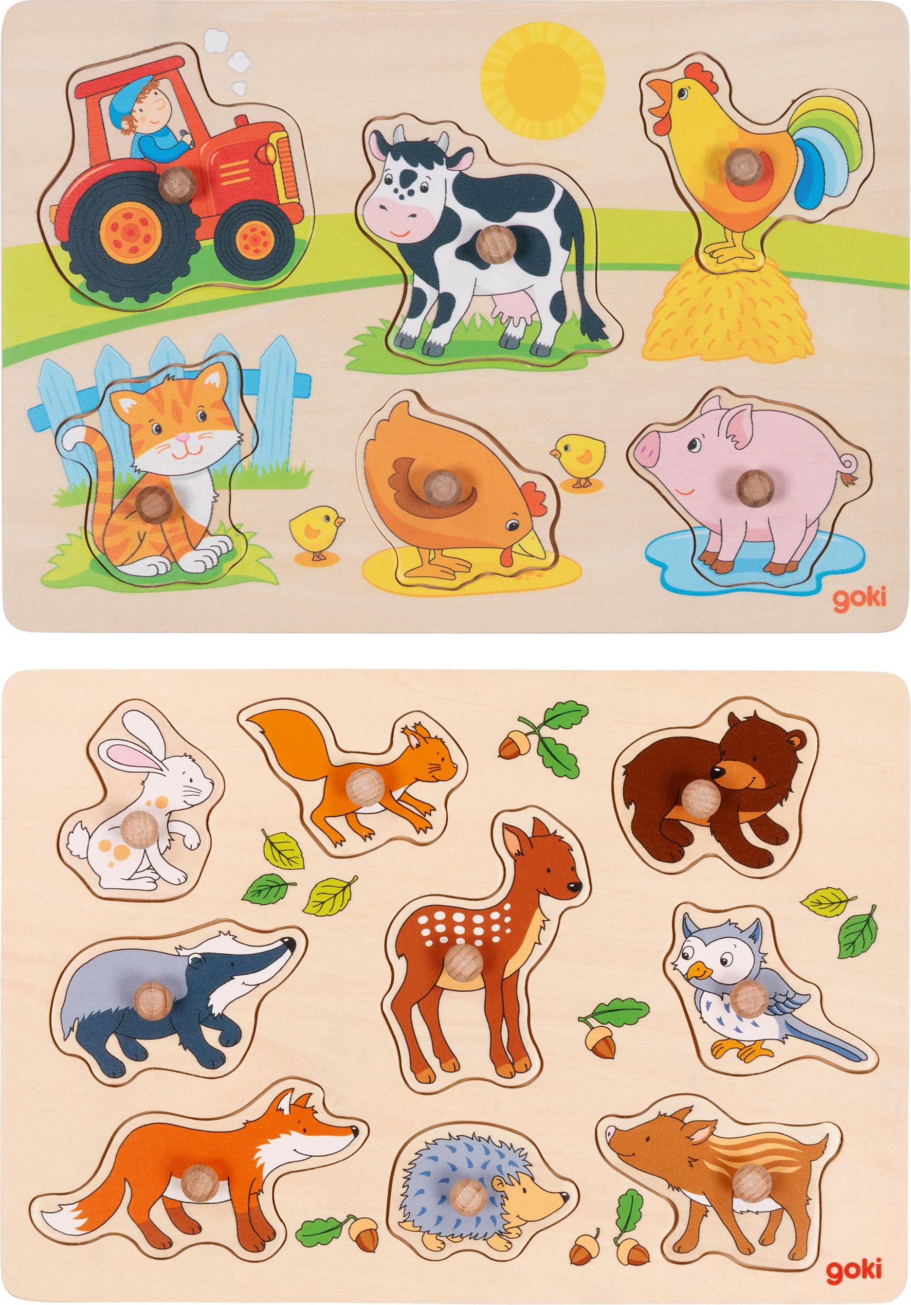 goki Steckpuzzle 2er Holzpuzzle-Set: Bauernhof + Waldtiere, Puzzleteile