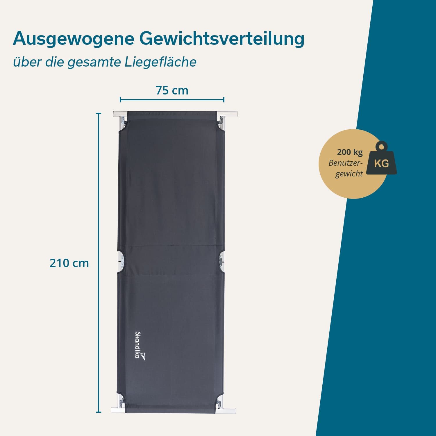 Skandika Feldbett Campingliege Vuoma, Klappbare Sonnenliege, Campingbett, max. 200 kg (Rahmen Aluminium, matt Silber) Organizer-Tasche, 210 x 75 cm, Anti-Rutsch-Füße, Tragetasche, Garten