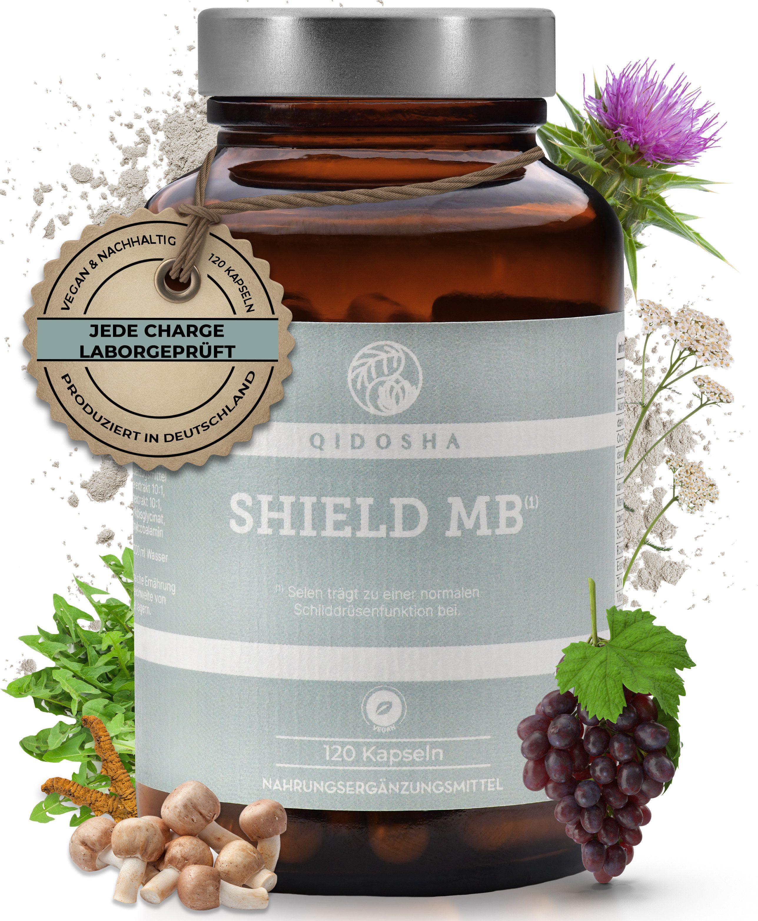 QIDOSHA Schilddrüsen Komplex ohne Jod Vegan mit Cordyceps OPC Hartkapsel, 1 er Schilddrüsen Formel mit Vitalpilzen und Pflanzenextrakten à 120 St., 74.1 g, Thyroid Support Kapseln mit Selen B12 Vitalpilzen Vegan