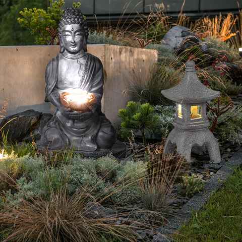 etc-shop Gartenleuchte, LED-Leuchtmittel fest verbaut, Warmweiß, Solar Buddha für Außen Japanische Stein Laterne Pagode Garten Terrasse